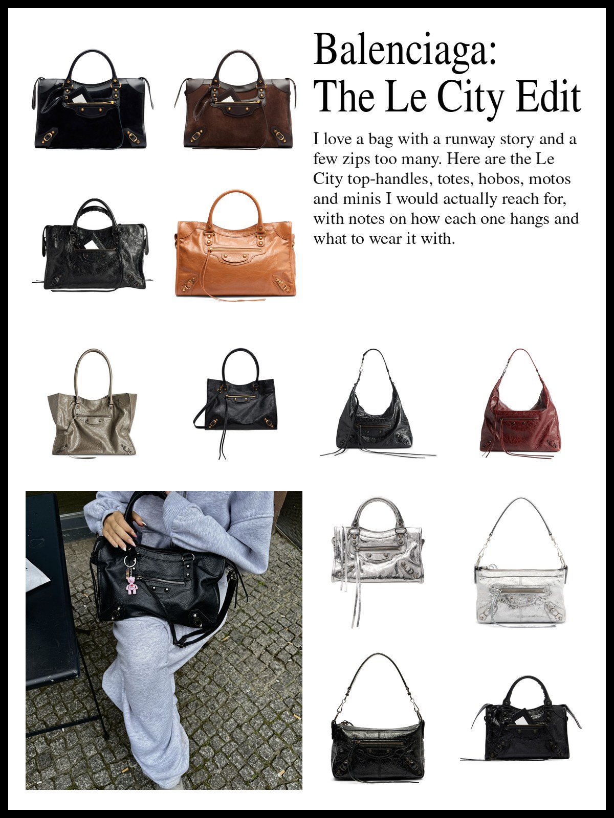 A collage of Balenciaga Le City top-handle, tote, hobo, moto, mini and nano bags, and a mood photo of gray sweats and a black City bag on a cobbled street.