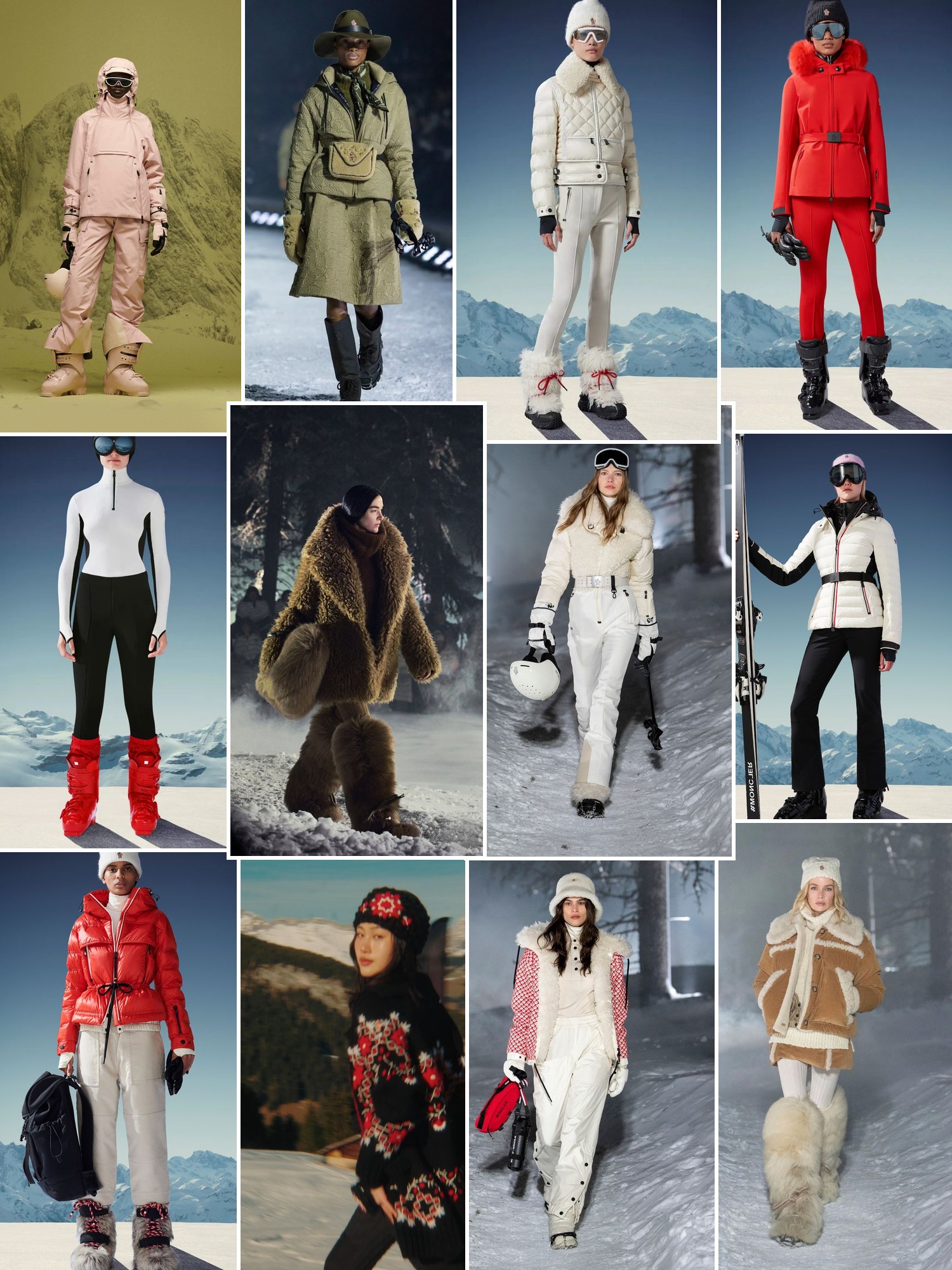 Collage of runway looks, campaign shots and street style outfits that capture the Moncler Grenoble mood
