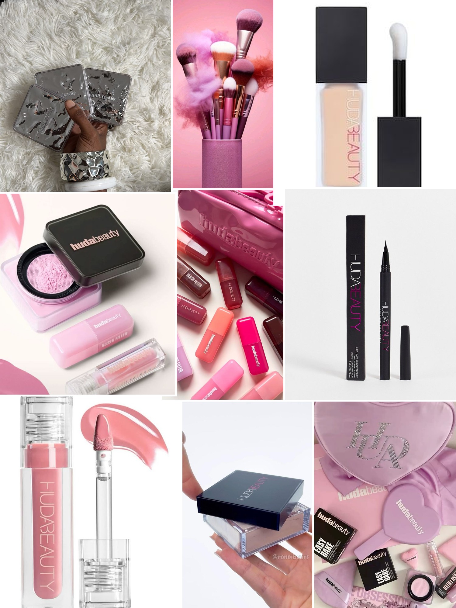 Collage of pink makeup brushes, glossy lip products and beauty textures.