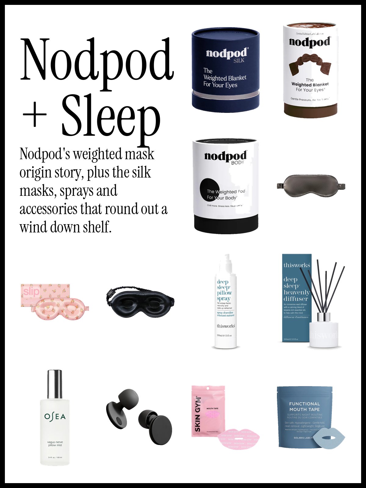 Collage of Nodpod weighted eye masks with slip silk sleep masks and wind down sleep accessories