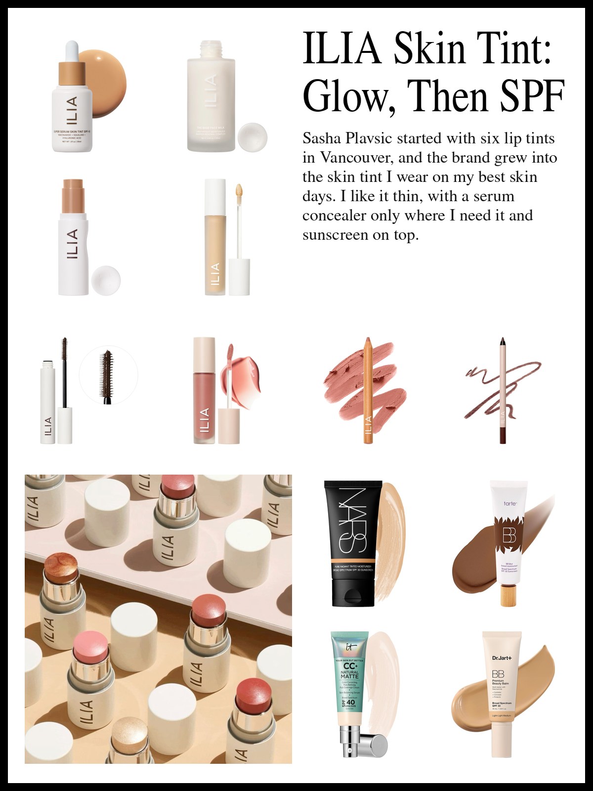 Collage of ILIA skin tint, face milk, complexion stick and concealer, plus tinted moisturizers with SPF, and a mood photo of rows of ILIA Multi-Sticks.