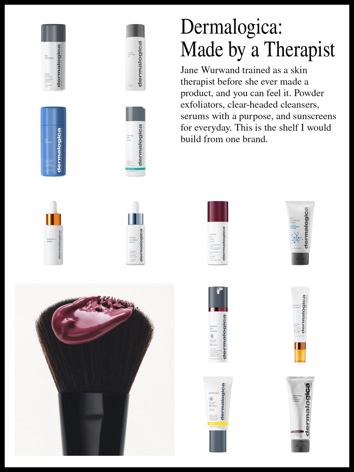 Collage of cleansers, serums, sunscreens and masks beside a close-up photo of a large black makeup brush with a smear of glossy plum-berry cream across its bristles.