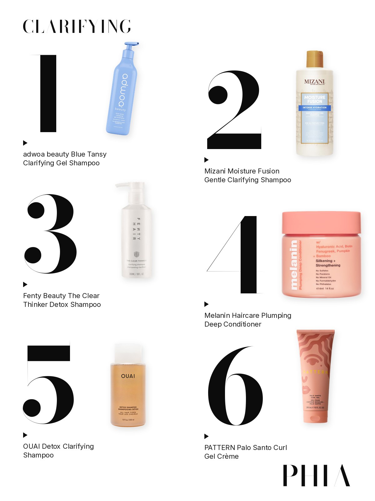 Big numbers collage for Clarifying Shampoo for Curly Hair: six products from adwoa beauty, Mizani, Fenty Beauty, Melanin Haircare, OUAI and Pattern, each set beside a large numeral