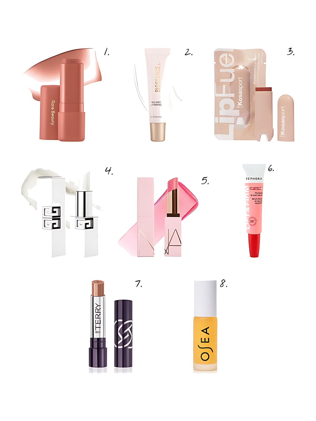 Numbered collage: 1. Rare Beauty by Selena Gomez Find Comfort Lip Butter Balm + Overnight Mask with Hyaluronic Acid Butter in Loved; 2. Biossance Pro-Peptide Hydrating Lip Perfector Balm with Hyaluronic Acid; 3. Kosas Kosasport LipFuel Hyaluronic Acid Lip Balm in Flow; 4. Givenchy Le Rouge Hydra Lip Balm with Hyaluronic Acid and Peptides; 5. NARS Afterglow Moisturizing Lip Balm with Hyaluronic Acid in Orgasm; 6. SEPHORA COLLECTION Lift & Firm - Plumping Lip Balm Serum with Hyaluronic Acid; 7. By Terry Hyaluronic Hydra-Balm; 8. OSEA Malibu Hyaluronic Acid Lip Booster