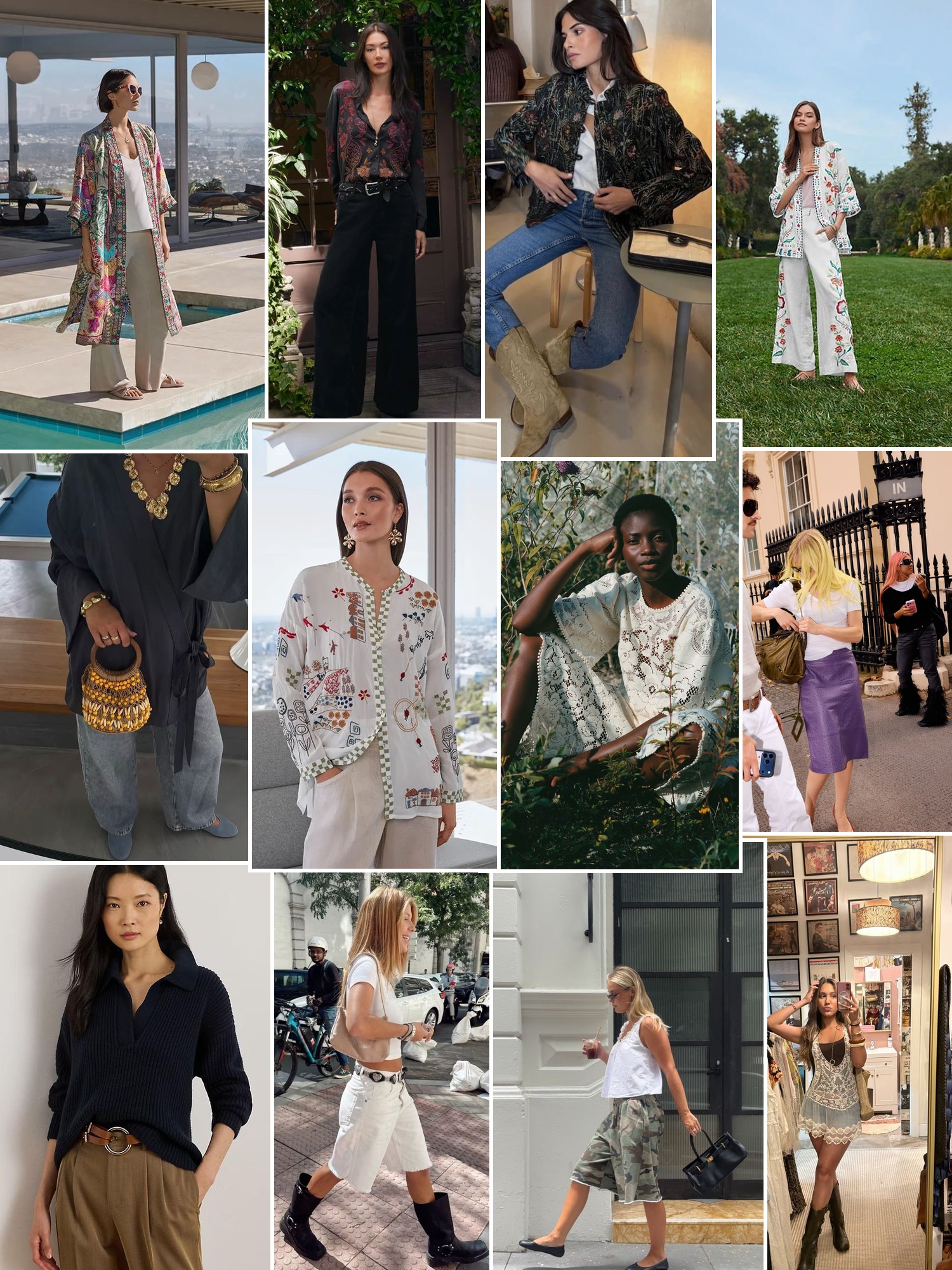 Collage of embroidered dresses, floral prints and relaxed bohemian street style outfits
