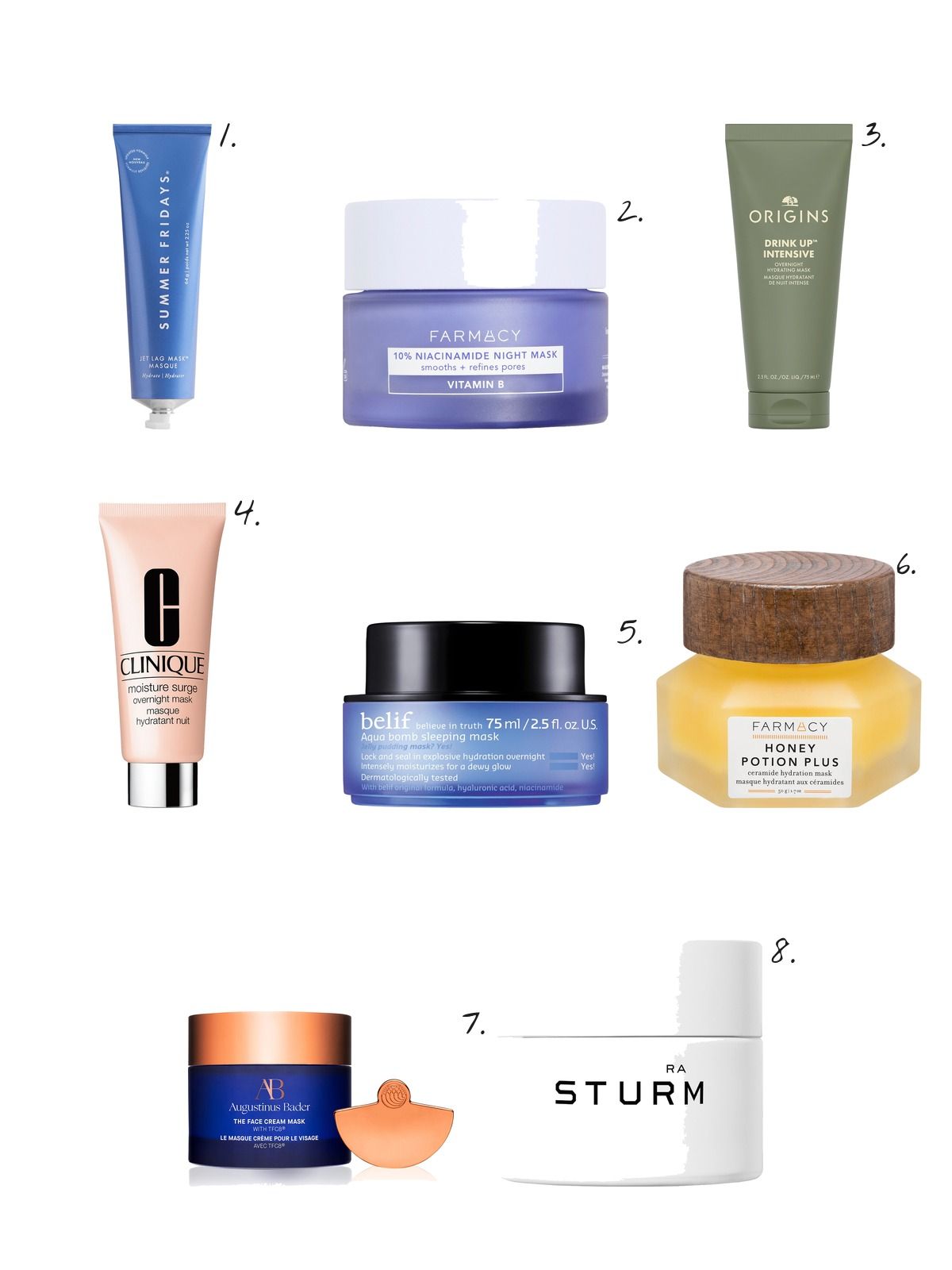 Numbered collage: 1. Summer Fridays Jet Lag Mask + Moisturizer Deep Hydration Treatment with Ceramides; 2. Farmacy 10% Niacinamide Night Mask; 3. Origins Drink Up Intensive Overnight Hydrating Face Mask with Avocado & Hyaluronic Acid; 4. CLINIQUE Moisture Surge Overnight Face Mask to Hydrate + Plump; 5. belif Aqua Bomb Sleeping Mask; 6. Farmacy Honey Potion Plus Ceramide Hydration Mask; 7. Augustinus Bader The Face Cream Mask 1.7 oz.; 8. Dr. Barbara Sturm Face Mask — Luxurious Intensive Moisture & Anti‑Irritation Mask for Smooth, Glowing, Radiant Skin