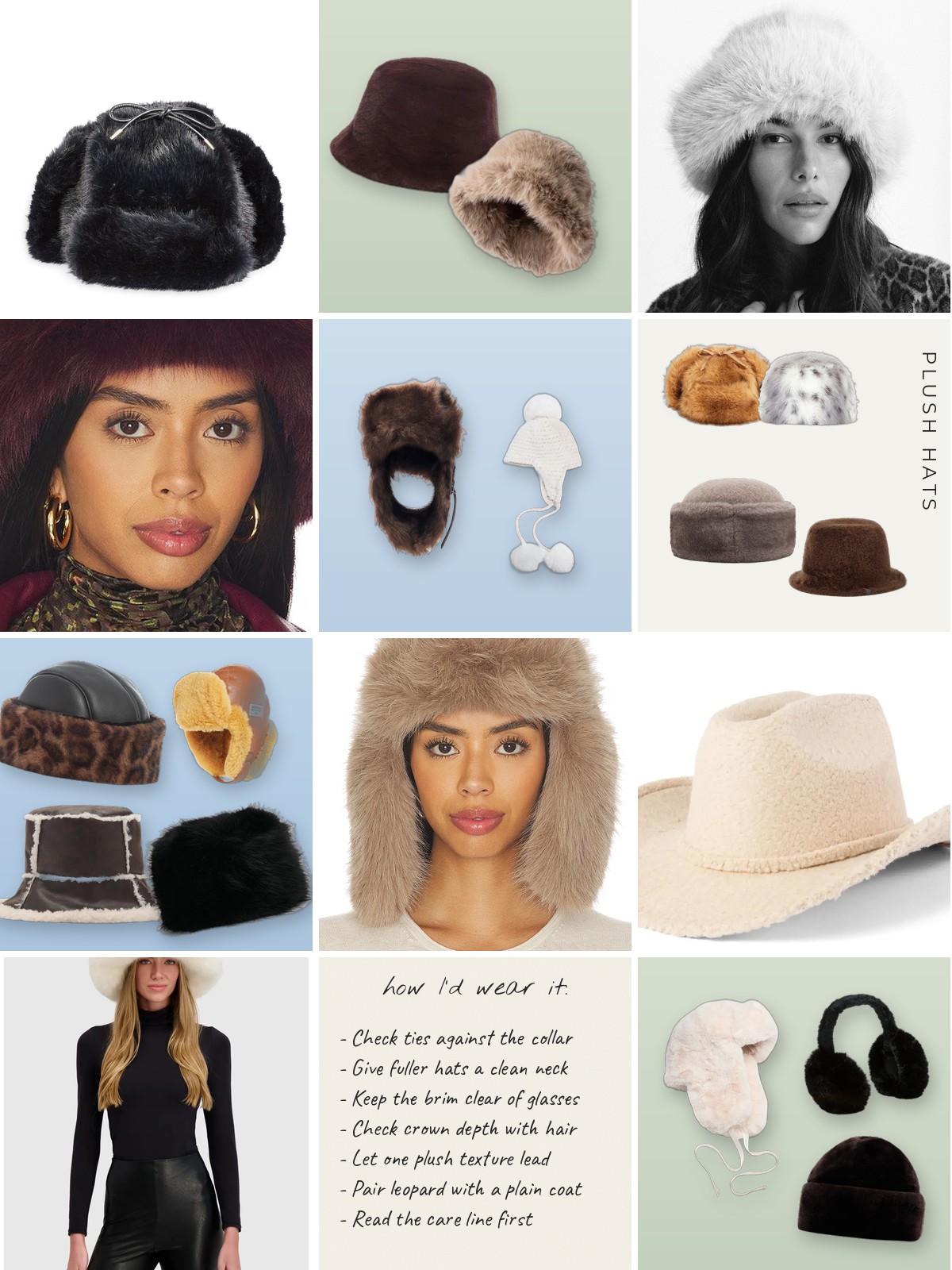 Collage: twenty Fur hat products with a how I would wear it note