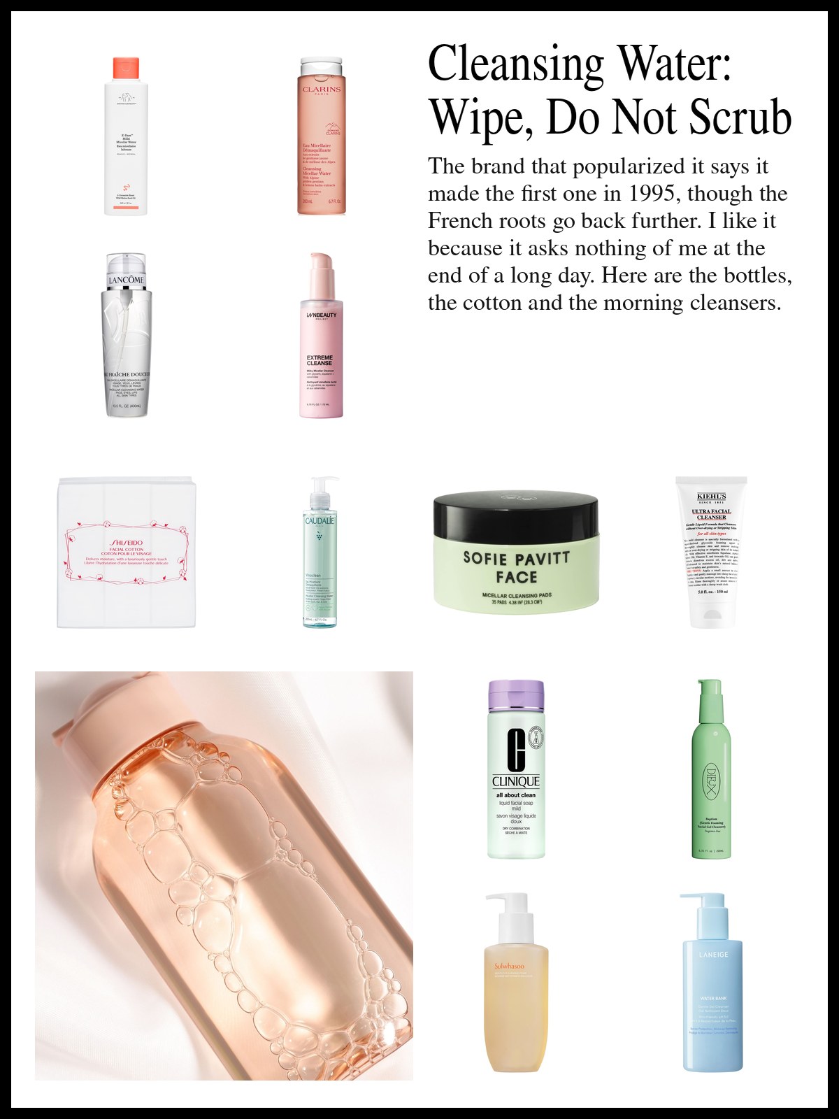 Collage of cleansing waters, pads, cotton and gentle cleansers beside a photo of a bottle of honey lip oil with a pink cap, held up to glossy lips against a bright blue sky.