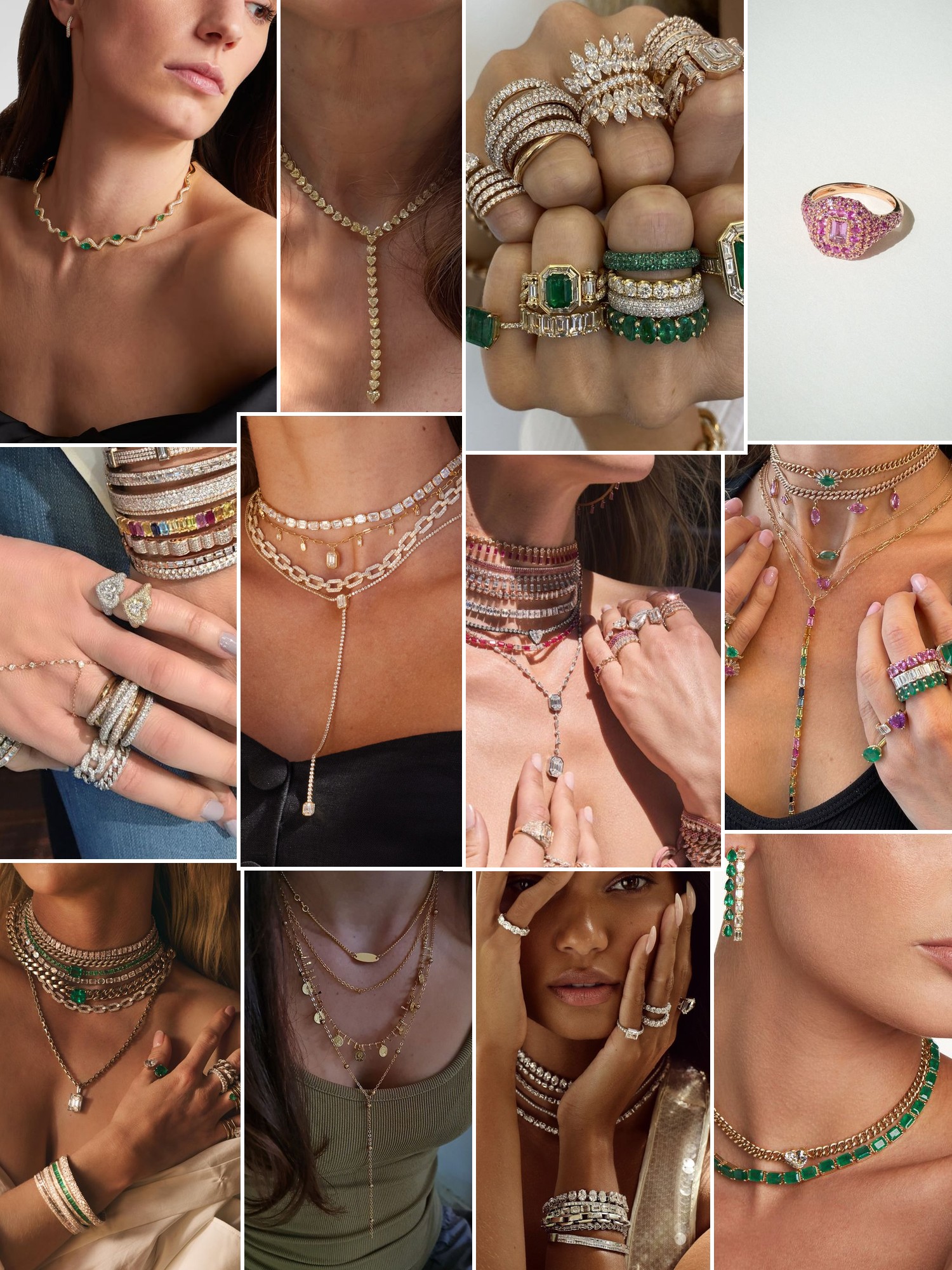 Collage of rings, earrings and layered necklaces worn up close, in the spirit of SHAY