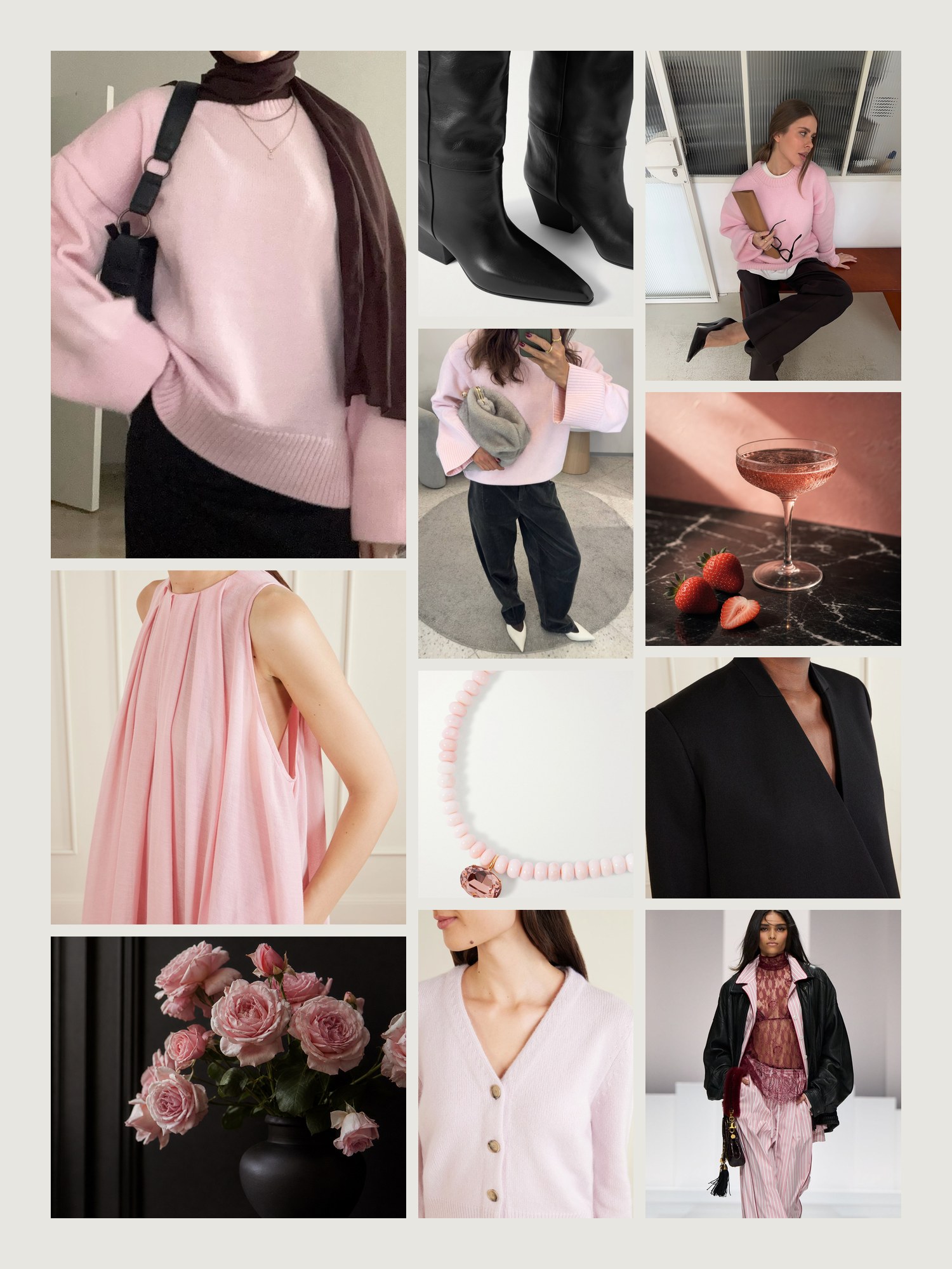 Mood board for pink and black outfits: four street-style photos of women wearing pink and black, close-ups of the Jennifer Behr necklace, the Paris Texas knee boots, the Brandon Maxwell cardigan, the Marrakshi Life maxi dress and the Sharon Wauchob blazer from this edit, and two still lifes in both colors