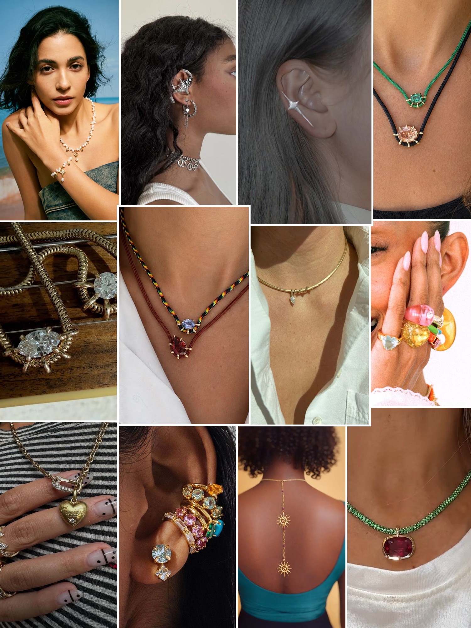 Collage of rings, earrings and layered necklaces worn up close, in the spirit of Vice Versa