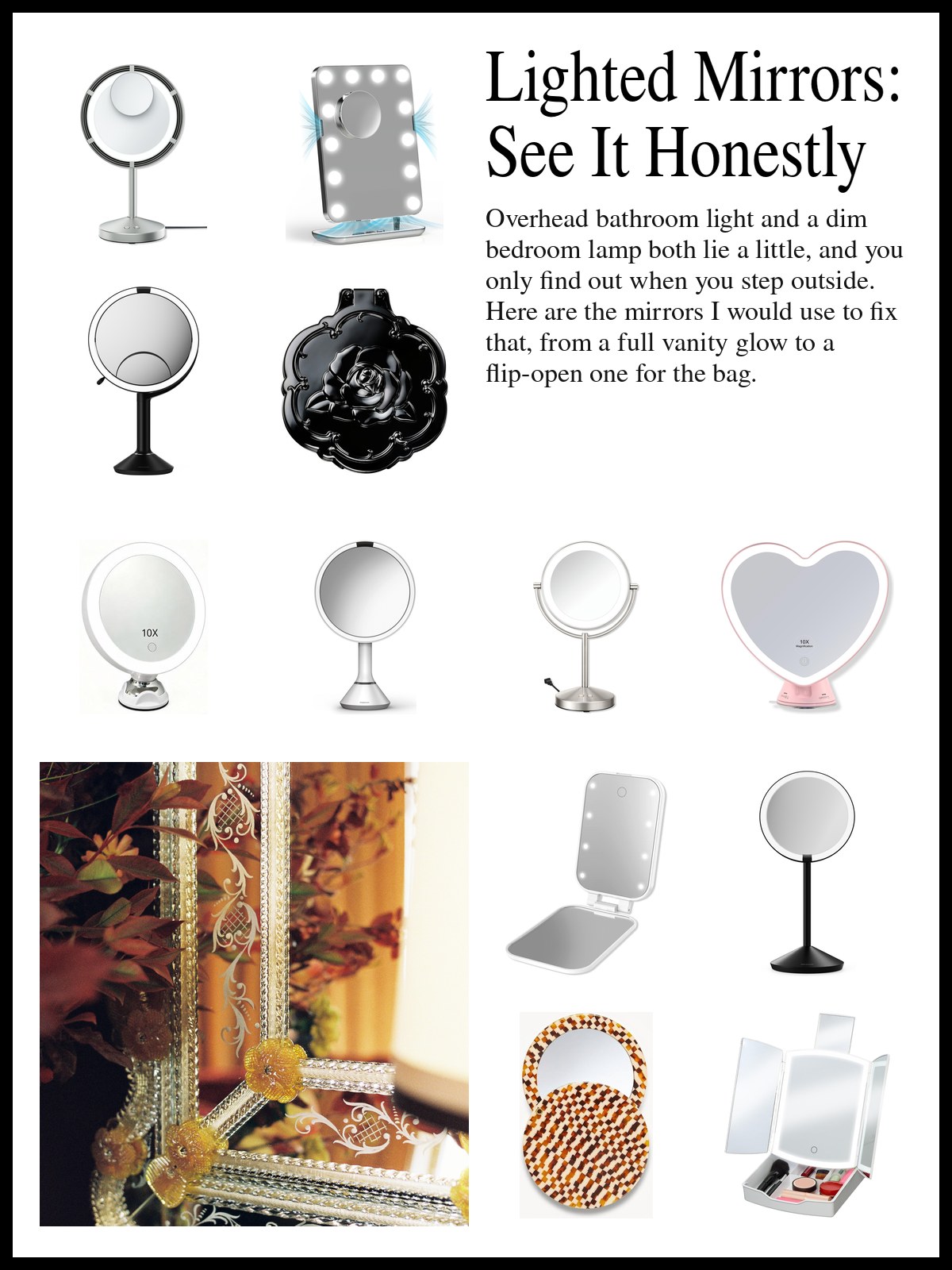 Collage of lighted vanity mirrors, magnifying mirrors and compact travel mirrors, and a mood photo of an ornate Venetian glass mirror.