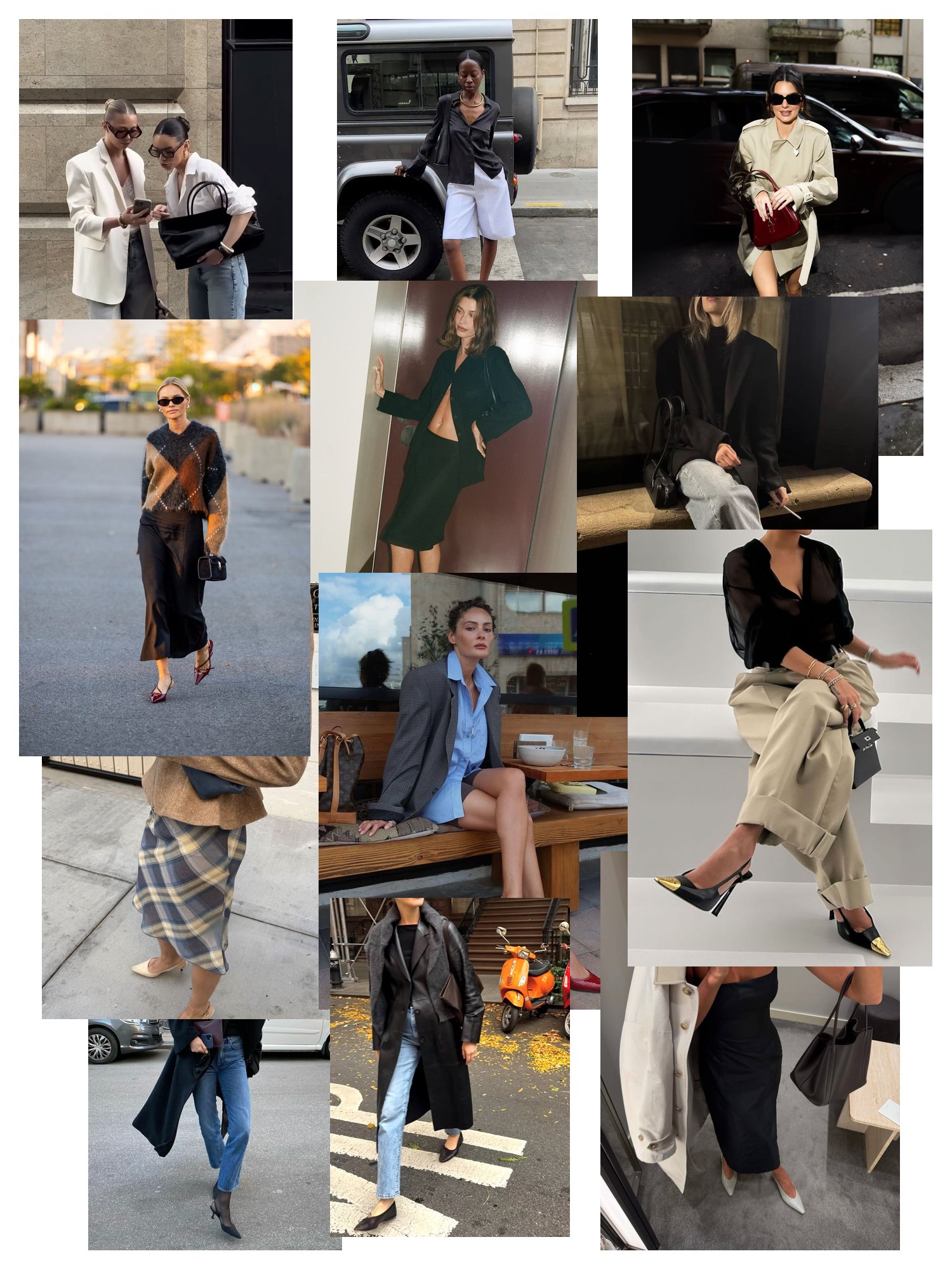 Street-style collage of 12 outfit photos featuring slingback heels, scattered and overlapping