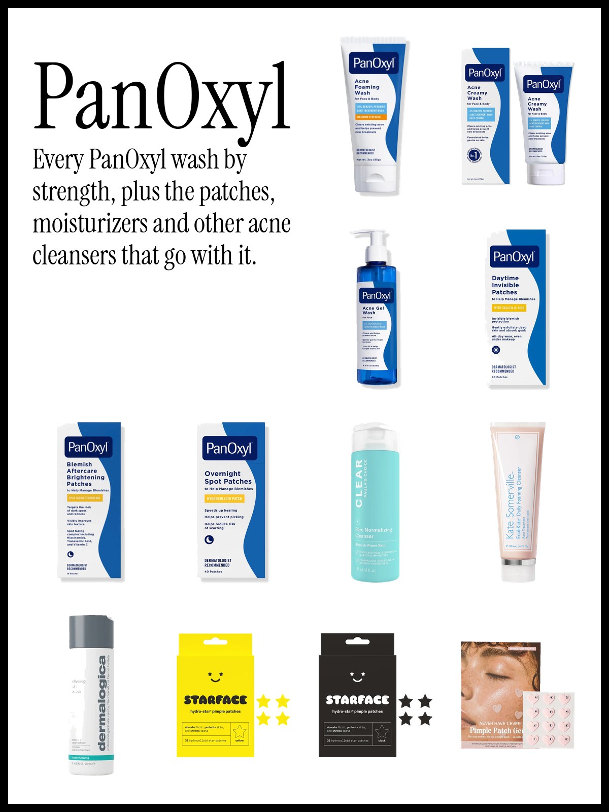 Collage of PanOxyl acne washes with pimple patches, moisturizers and other clarifying cleansers
