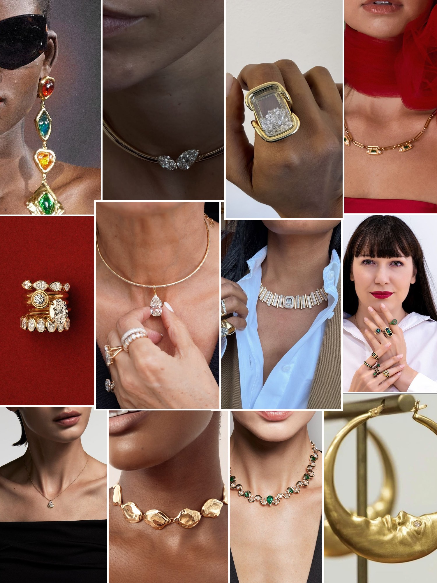 Collage of rings, earrings and layered necklaces worn up close, in the spirit of State Property