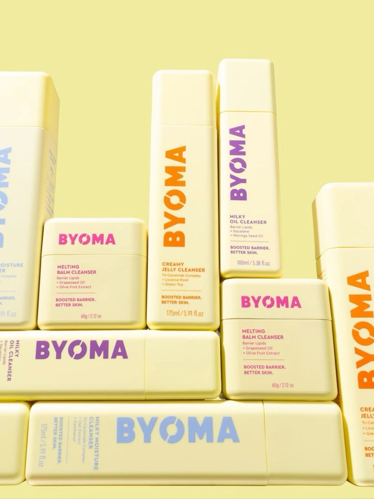 Byoma cleanser tubes and boxes in yellow packaging stacked together