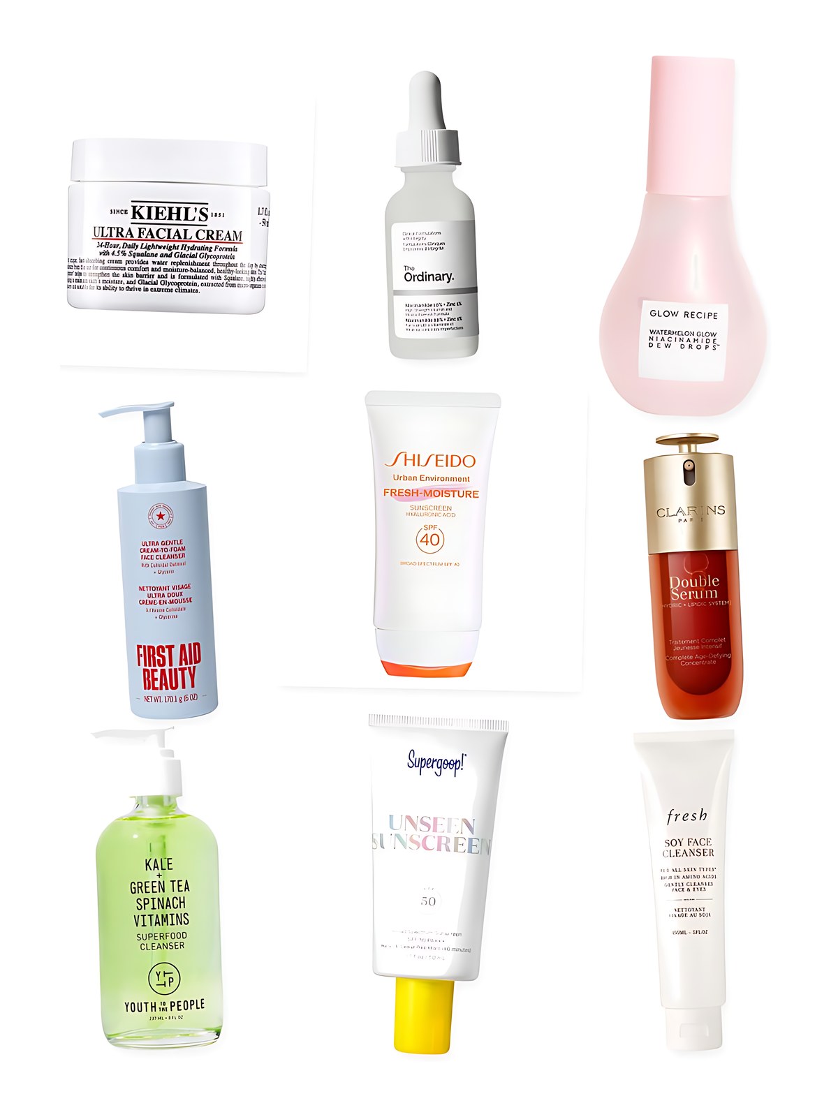 Collage on a white background showing fresh Soy Hydrating Gentle Face Cleanser, Clarins DOUBLE SERUM® To Firm, Boost Radiance & Refine Pores, Supergoop! Unseen Sunscreen Invisible Broad Spectrum SPF 50 PA +++, Youth To The People Superfood Hydrating Gentle Antioxidant Refillable Cleanser, The Ordinary Niacinamide 10% + Zinc 1% Serum for Oily Skin, Shiseido Urban Environment Fresh-Moisture Sunscreen SPF 40, First Aid Beauty Ultra Gentle Pure Skin Cream-to-Foam Face Cleanser with Colloidal Oatmeal + Glycerin, Glow Recipe Watermelon Glow Niacinamide Dew Drops Serum and Kiehl's Since 1851 Ultra Facial Refillable Moisturizing Cream with Squalane.
