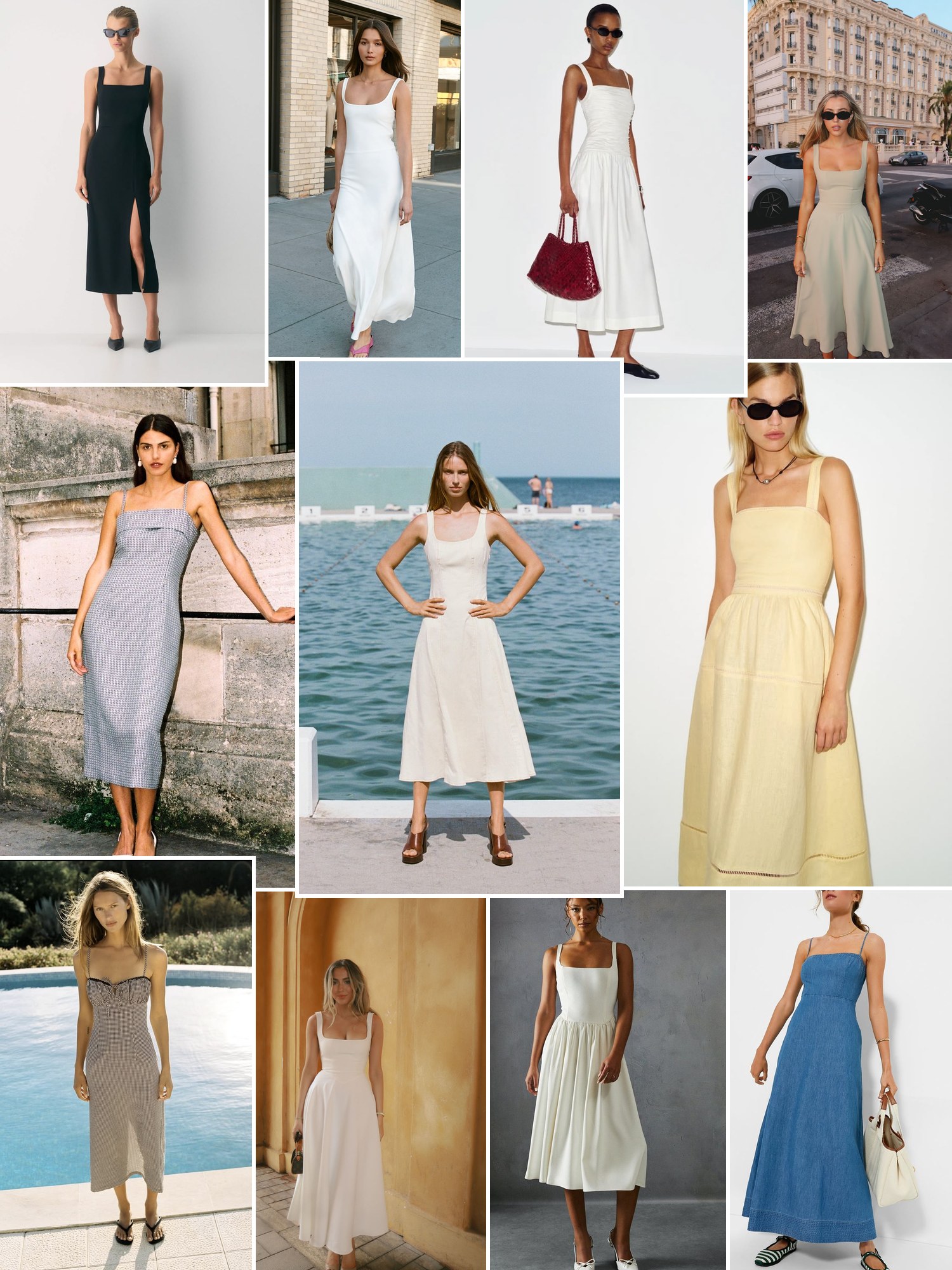 Collage of square-neck midi dresses and similar looks