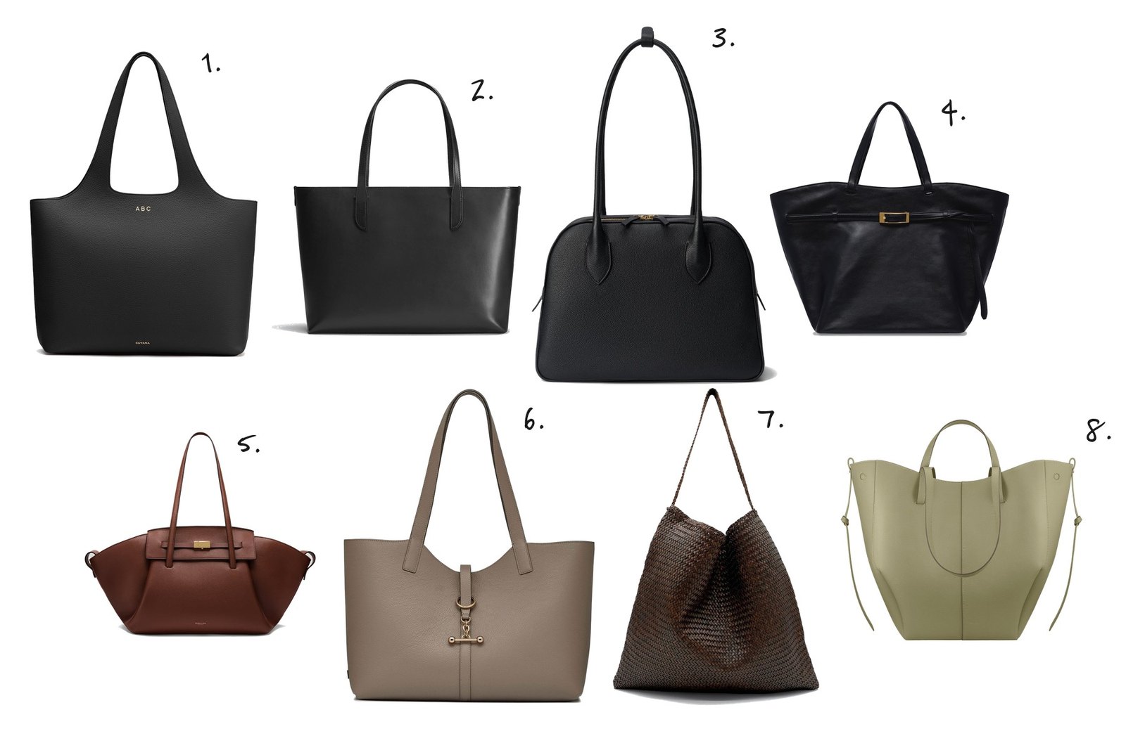 Numbered collage: 1. Cuyana System Zipper Tote 16"; 2. Carl Friedrik Ashby Tote; 3. Hyer Goods La Autostrada Tote; 4. Anine Bing Elly Tote in Black; 5. DeMellier The Brooklyn; 6. Strathberry Kite Tote in Taupe; 7. Dragon Diffusion Ars Tote in Dark Brown; 8. Polène Cyme Tote in Tilleul