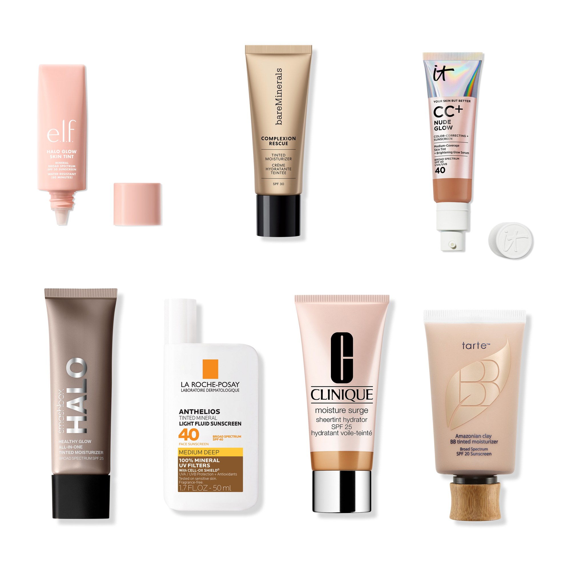 A collage of the tinted moisturizers with SPF in this edit, from mineral formulas to glow-forward and matte finishes, arranged on a white background.