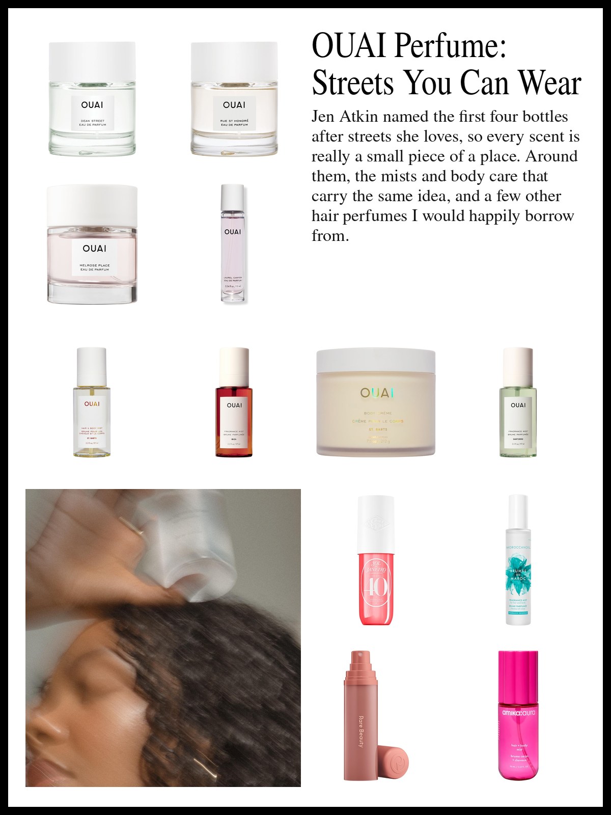 Collage of OUAI eau de parfum bottles, hair and body mists and body care, and hair perfumes from other brands, beside a mood photo of a woman misting her hair.