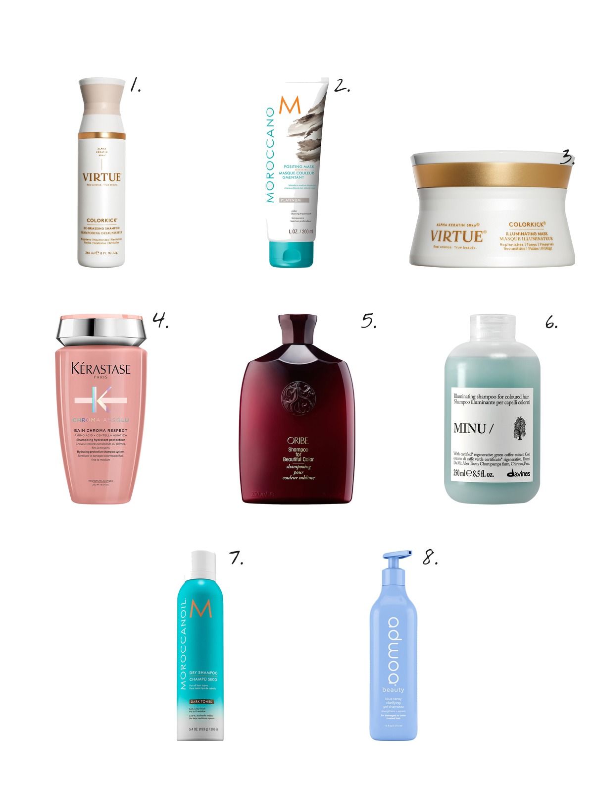 Numbered collage: 1. Virtue ColorKick Debrassing Blue - Purple Shampoo; 2. Moroccanoil Color Depositing Mask; 3. Virtue COLORKICK Color-Illuminating & Hydrating Mask for All Hair Shades; 4. Kérastase Chroma Absolu Shampoo for Fine to Medium Color-Treated Hair; 5. Oribe Beautiful Color Shampoo for Color-Treated Hair; 6. Davines MINU Shampoo for Colored Hair; 7. Moroccanoil Dry Shampoo Dark Tones; 8. adwoa beauty Blue Tansy Clarifying Gel Shampoo