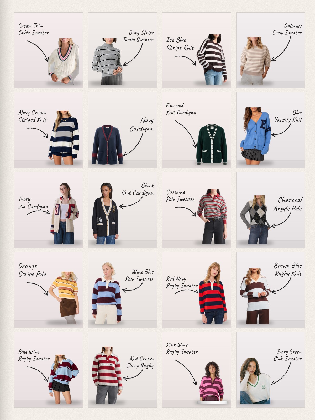 Collage: twenty varsity sweater products with handwritten labels