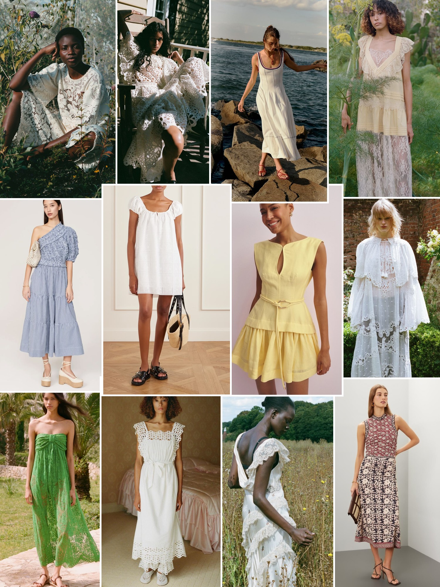 Collage of runway looks, campaign shots and street style outfits that capture the Sea mood