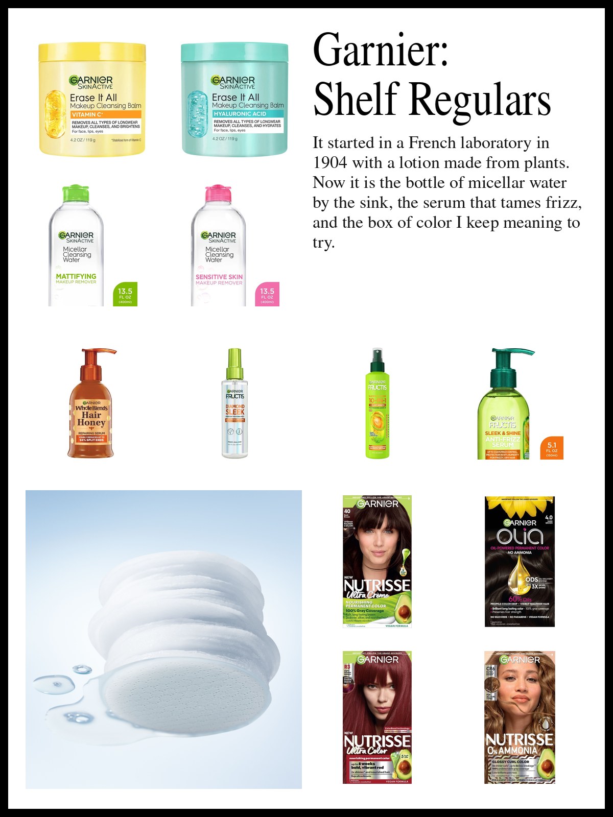 Collage of Garnier micellar water bottles, cleansing balms, smoothing hair serums and sprays, and hair color boxes beside a mood photo of a stack of cotton pads in soft blue light.