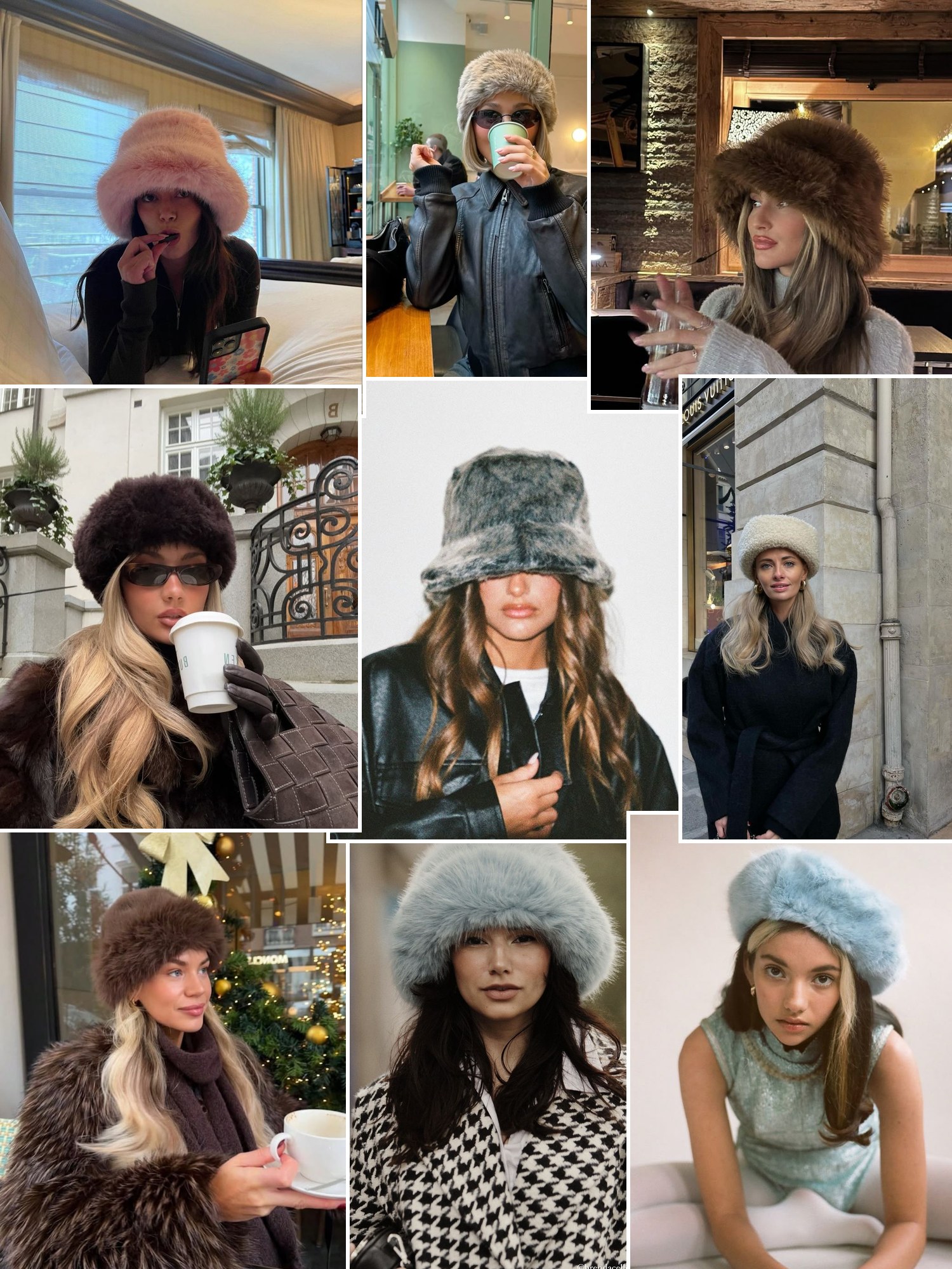 Collage of everyday outfits built around Fur hat