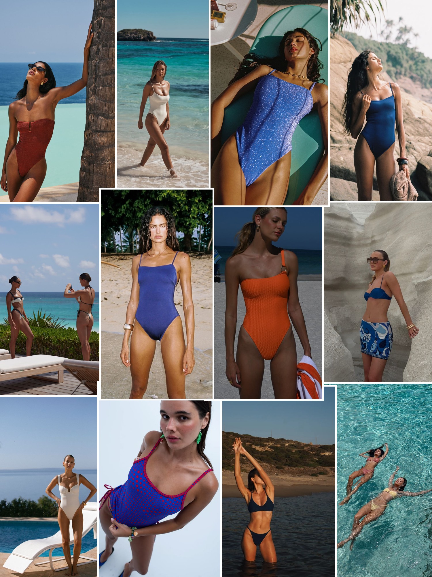 Collage of swimwear on sunlit beaches and by the water, in the spirit of Meridian Swimwear