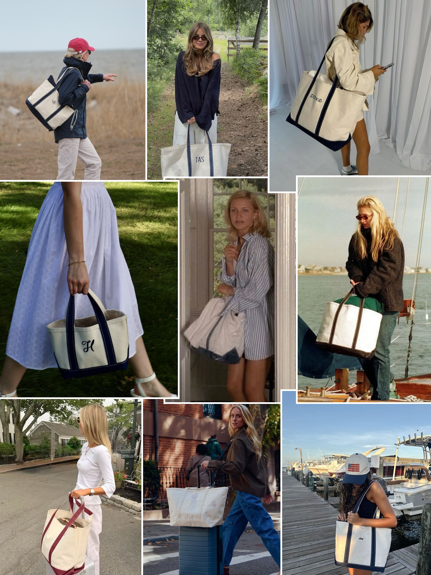Collage of everyday outfits built around L.L.Bean tote