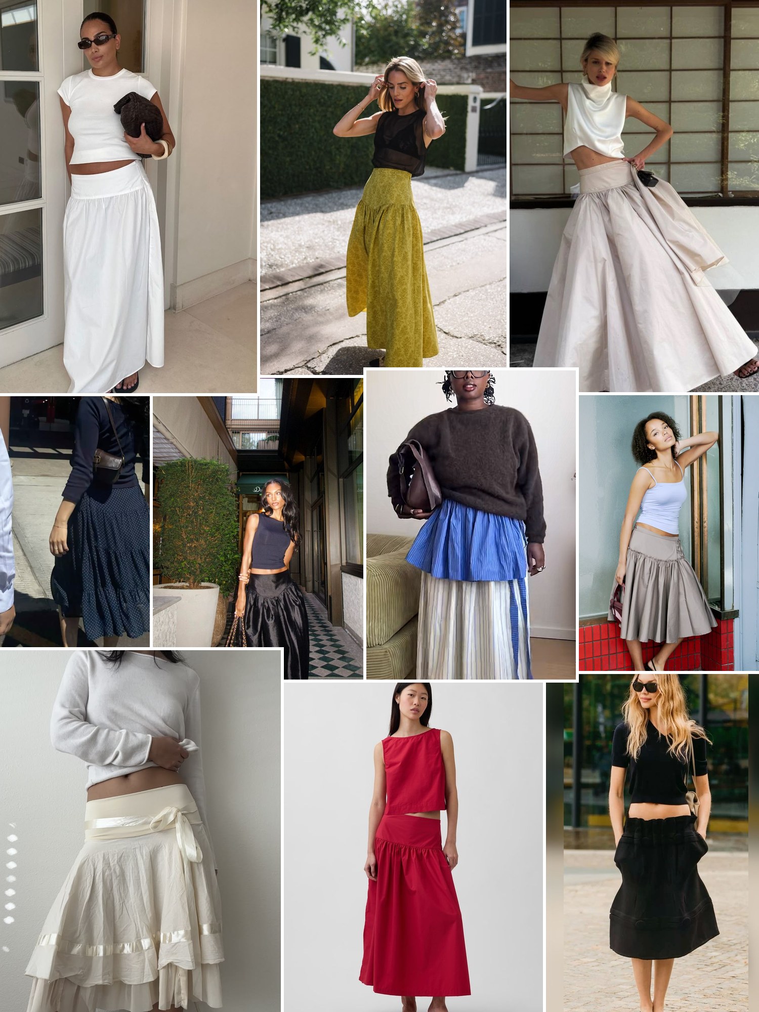 Street style collage of women wearing Drop waist skirt