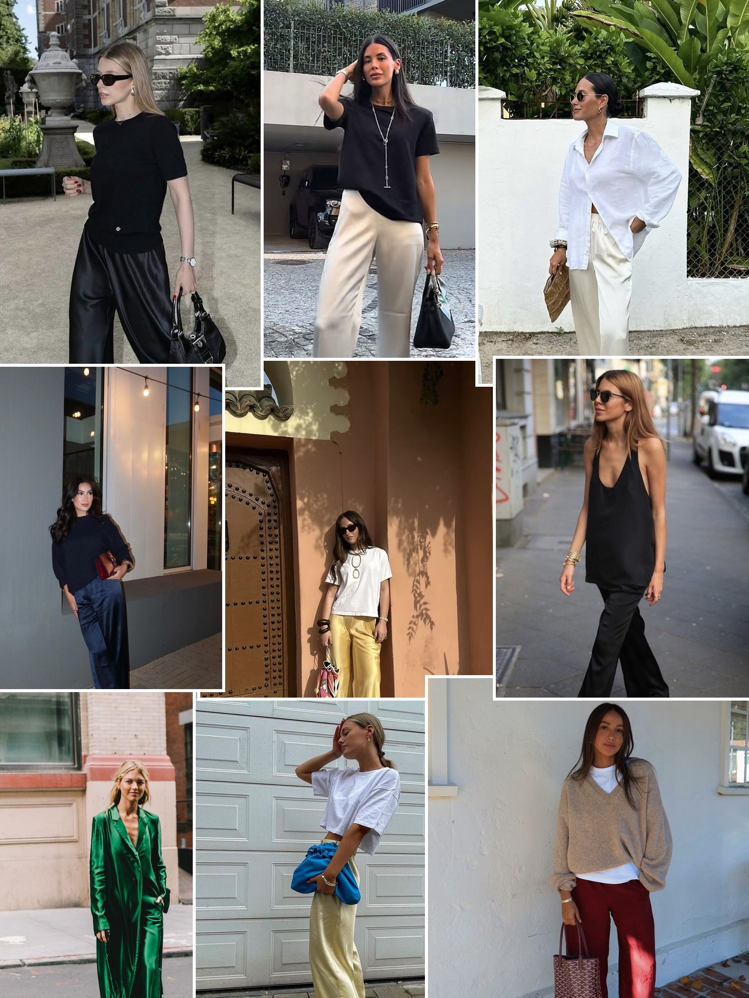 Street style collage of women styling silk pants with knits and blazers