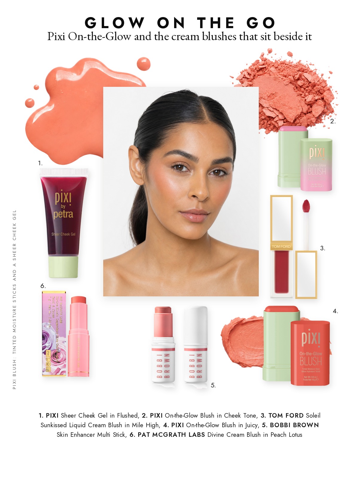 Magazine page collage for Pixi Blush and the Dewy Cream Blushes That Sit Beside It, featuring Pixi, Tom Ford, Bobbi Brown and Pat McGrath Labs