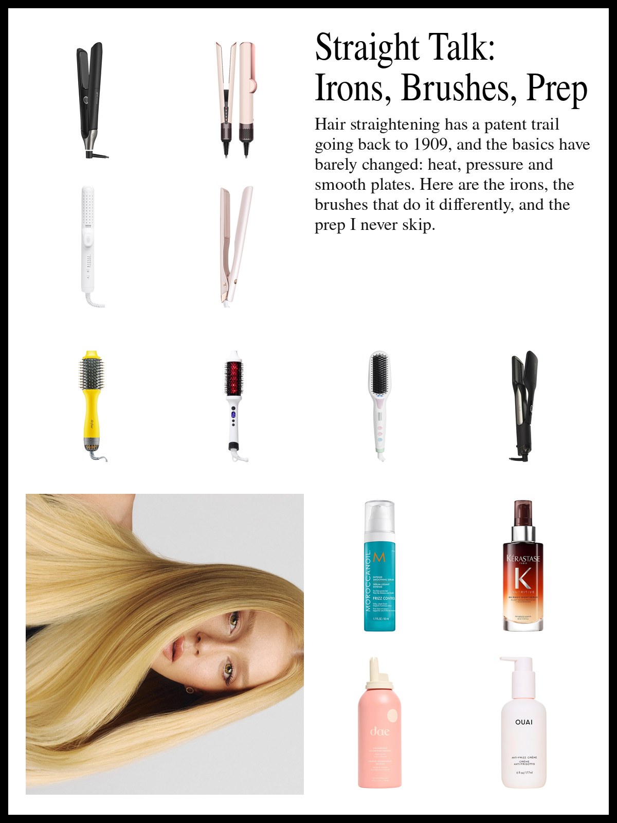 Collage of flat irons, heated brushes, hot air stylers and smoothing serums beside a sleek styling-tool flat lay and a mood photo of sleek, straight blonde hair.