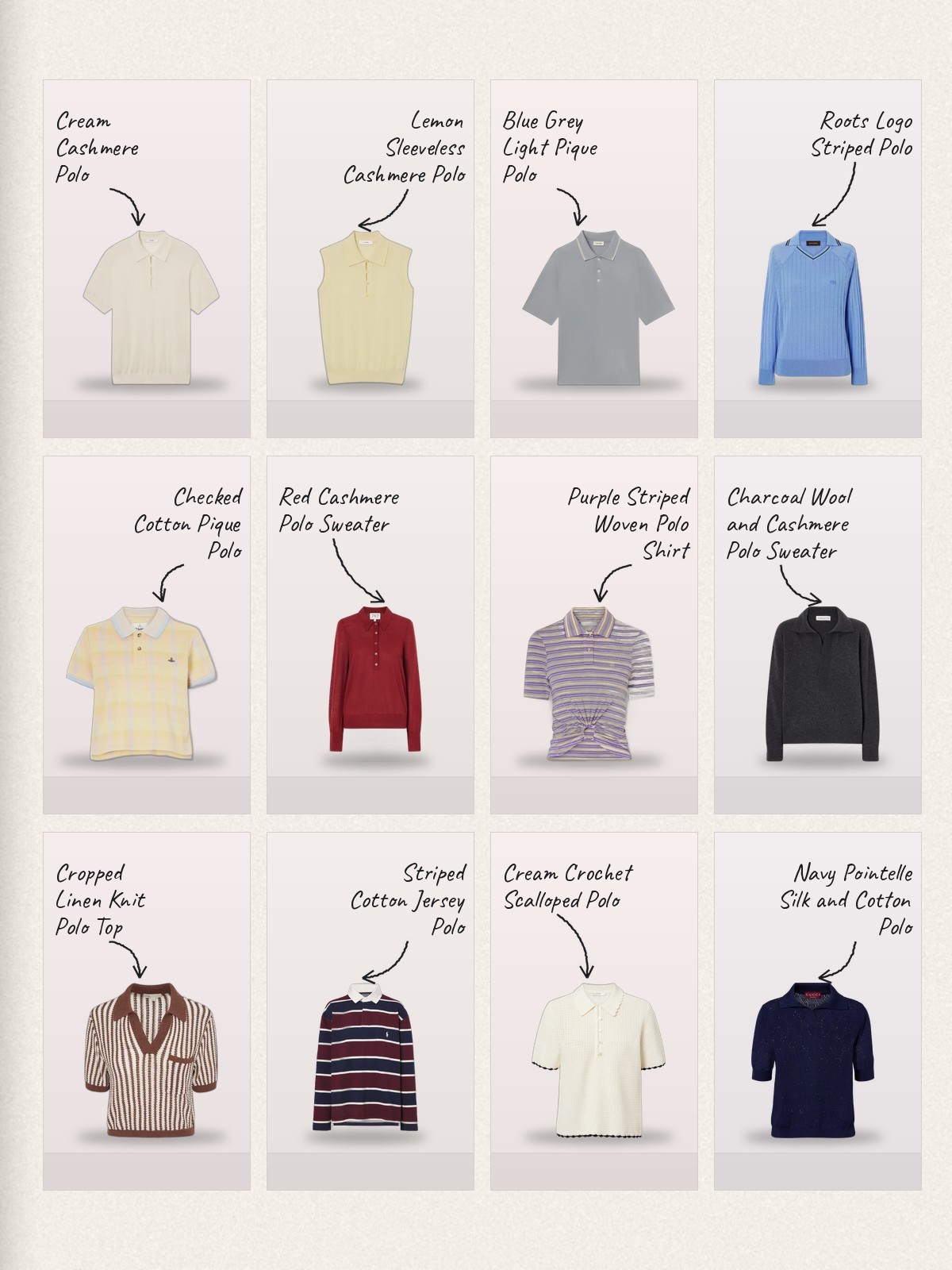 Polo Edit collage with picks from Frame Denim, Wales Bonner, Róhe and Vivienne Westwood