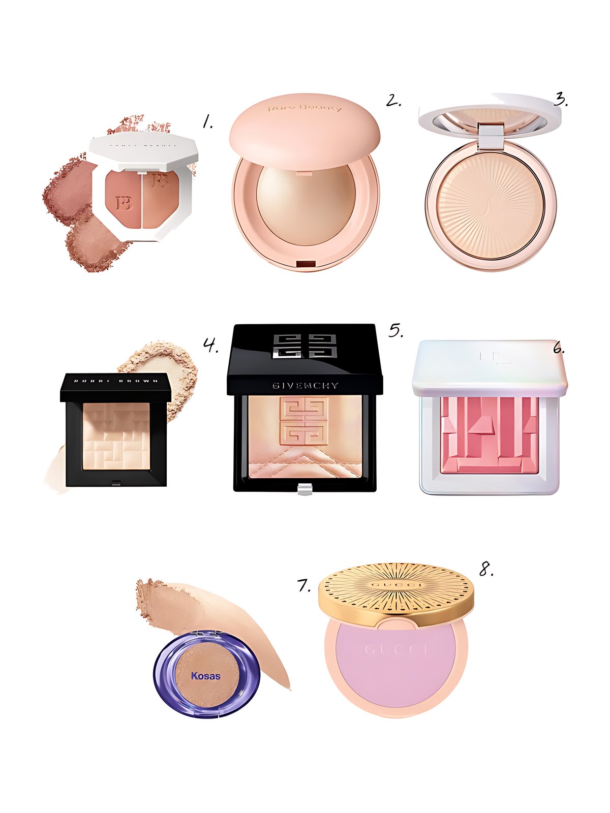 Numbered collage: 1. Fenty Beauty by Rihanna Killawatt Freestyle Highlighter in Ginger Binge/ Moscow Mule; 2. Rare Beauty by Selena Gomez Positive Light Silky Touch Highlighter in Exhilarate; 3. Anastasia Beverly Hills Glow Seeker Champagne Gold Powder Highlighter in Ethereal; 4. Bobbi Brown Highlighter Powder in Quartz Glow; 5. Givenchy Prisme Libre Strobing & Illuminating Highlighter Powder in 002- Rosy Gold; 6. Haus Labs Bio-Radiant Gel-Powder Illuminating Highlighter with Fermented Arnica in Rose Quartz; 7. Kosas Shiny Objects Wet Glisten Highlighter Powder for Face and Eyes in Haloed; 8. Gucci Glow Multi-Use Illuminating Gel-Powder Highlighter in 02 Frosted Lilac