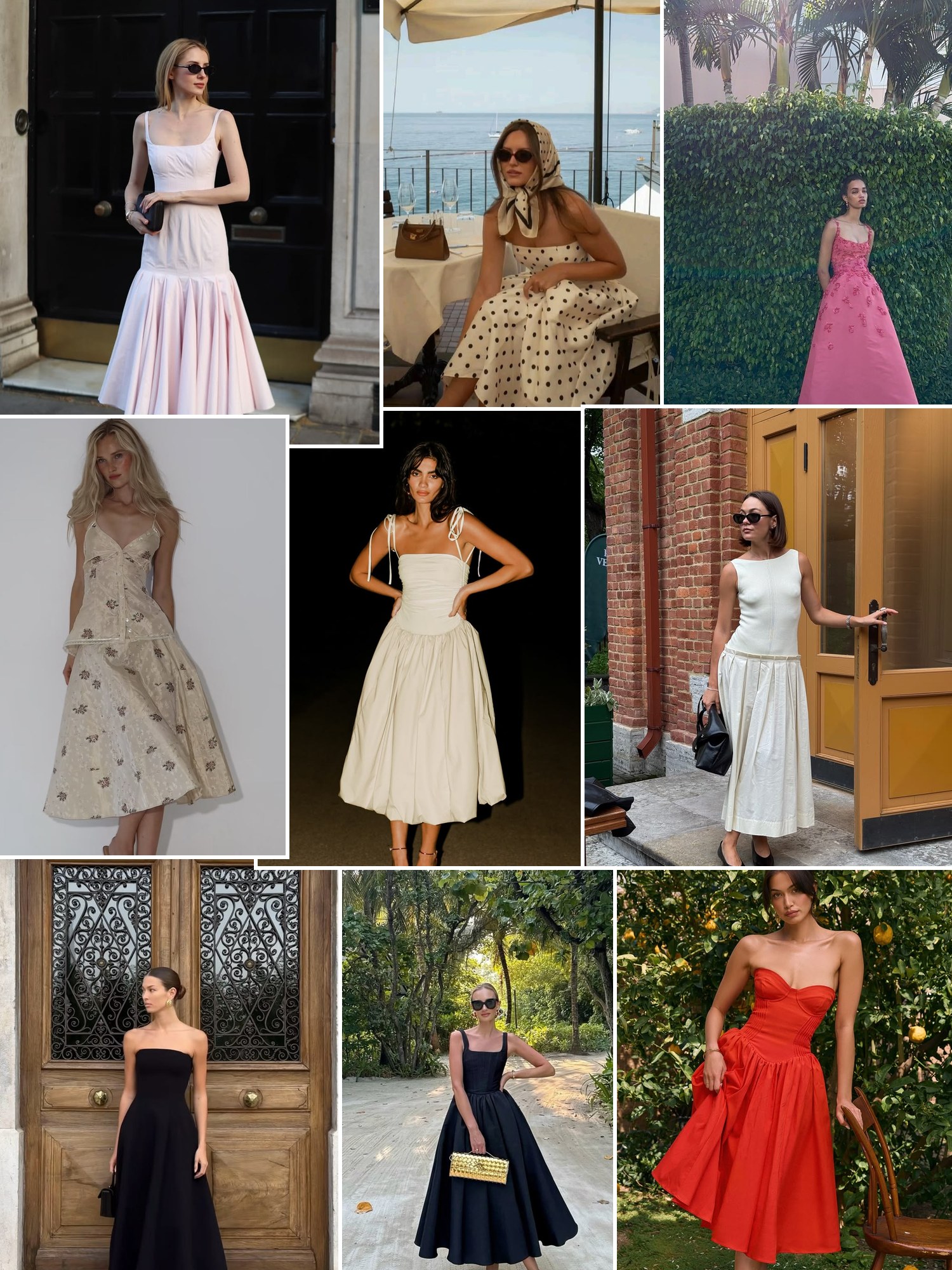 Street style collage of women wearing tea length formal dresses