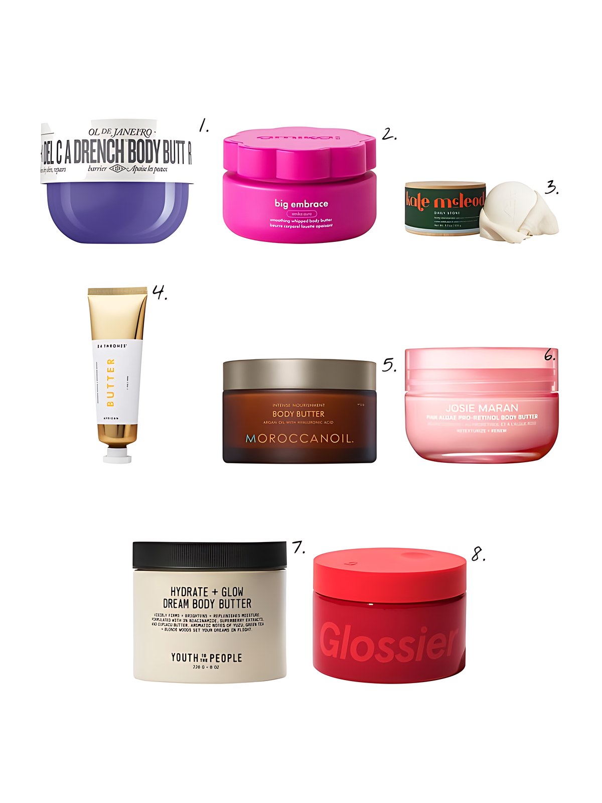 Numbered collage: 1. Sol de Janeiro Delícia Drench Deeply Moisturizing Body Butter for Dry Skin; 2. amika Big Embrace Smoothing Whipped Body Butter; 3. Kate McLeod Body Stone - 72-Hr Deep Moisturizing Cocoa Butter Lotion Bar for Dry Skin; 4. 54 Thrones AFRICAN Beauty Butter- Intensive Dry Skin Treatment; 5. Moroccanoil Body Butter Moisturizer; 6. JOSIE MARAN Pink Algae Pro-Retinol Body Butter for Anti-Aging and KP; 7. Youth To The People Superberry Firm + Glow Dream Body Butter with Niacinamide, Hyaluronic Acid + Antioxidants; 8. Glossier Crème de You Dry-Touch Body Butter