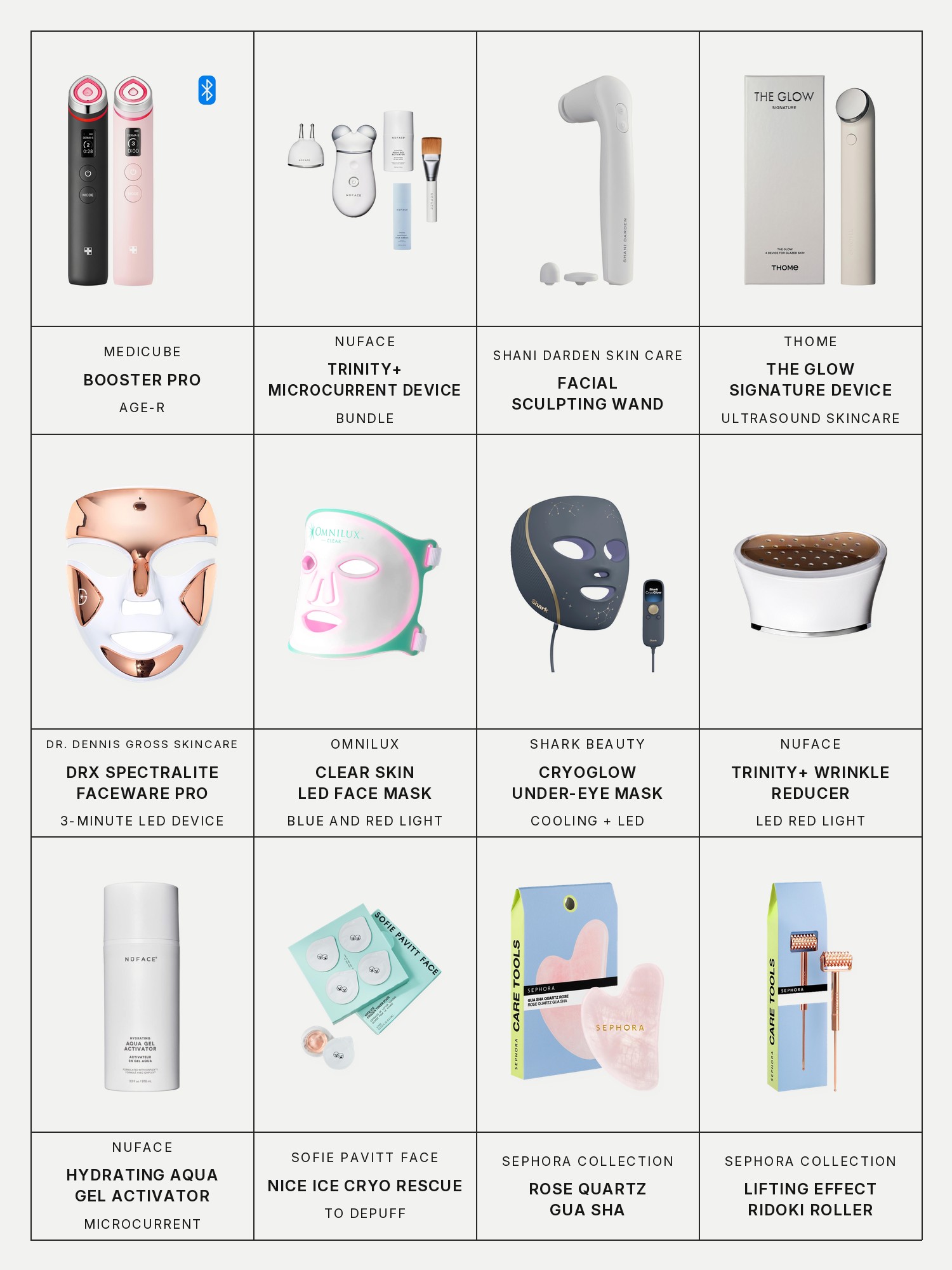 Twelve boxes on a pale grey page, one for each product in this edit, each with its brand and name printed below: Medicube Booster Pro (Age-R), Nuface Trinity+ Microcurrent + Targeted Toning Device Bundle, Shani Darden Skin Care Facial Sculpting Wand, Thome The Glow Signature Professional-Grade Ultrasound Skincare Device for Firming, Radiance & Anti-Aging, Dr. Dennis Gross Skincare DRx SpectraLite FaceWare Pro 3-Minute LED Device, Omnilux Clear Skin Blue and Red Light Therapy Face LED Mask, Shark Beauty Shark CryoGlow Under-Eye Cooling + LED Anti-Aging Red Light & Skin Clearing Mask, Nuface Trinity+ LED Red Light Wrinkle Reducer Attachment, NuFace Hydrating Microcurrent Aqua Gel Activator, Sofie Pavitt Face Nice Ice Frozen Cryo Rescue Treatment to Depuff and Calm Skin, Sephora Collection Rose Quartz Gua Sha and Sephora Collection Lifting Effect Ridoki Roller.