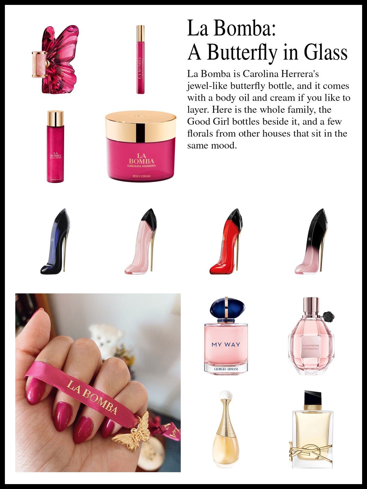 Collage of perfume bottles, a travel spray, a shimmering body oil and a body cream, and a mood photo of a hand wrapped in a pink La Bomba ribbon.
