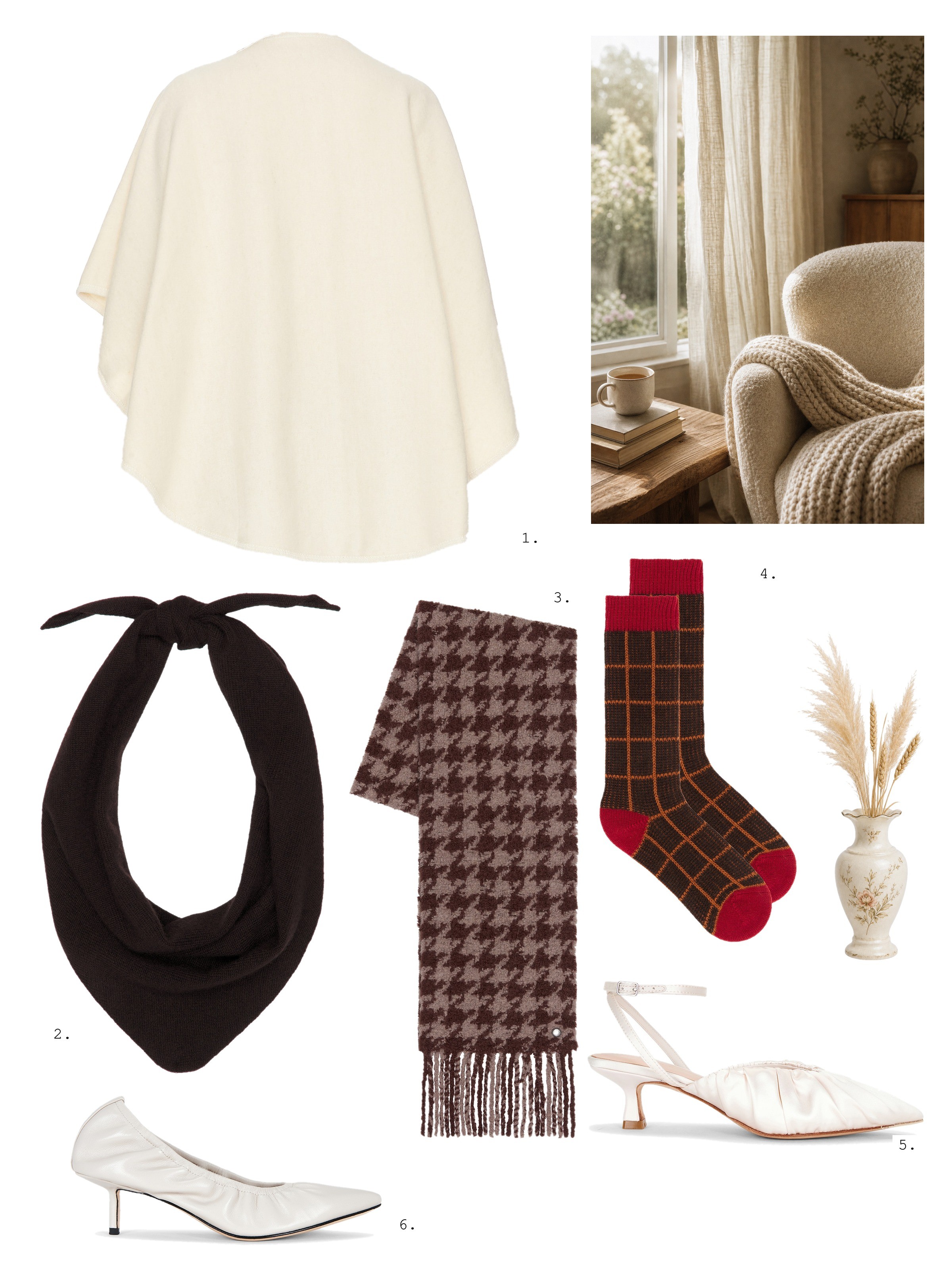 Comfort collage: a cream wrap, a dark brown knit scarf, a brown houndstooth fringe scarf, checked socks and two low white heels, with a cozy interior photo and a vase of dried grasses.