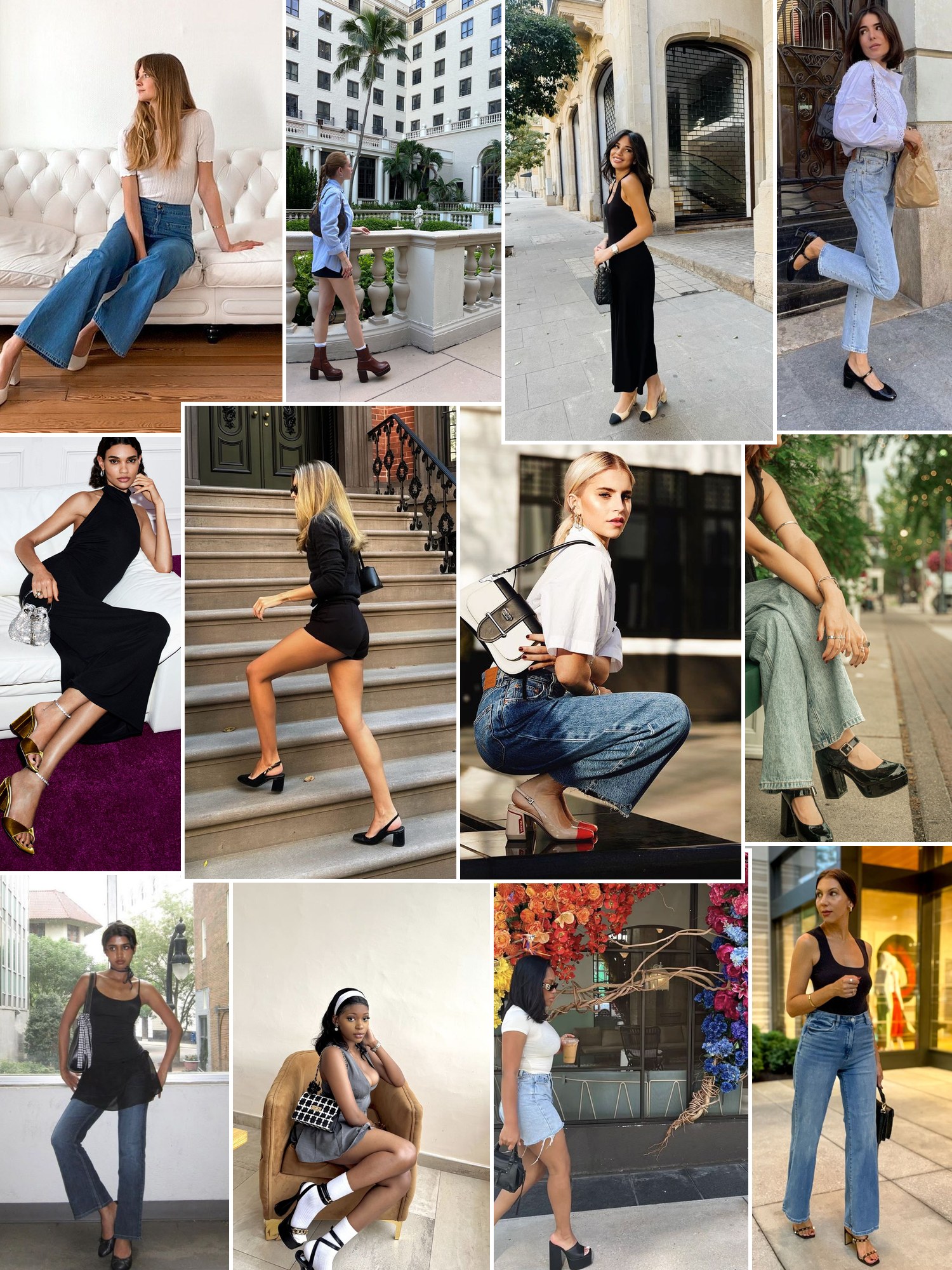 Collage of block heel and platform heel outfits