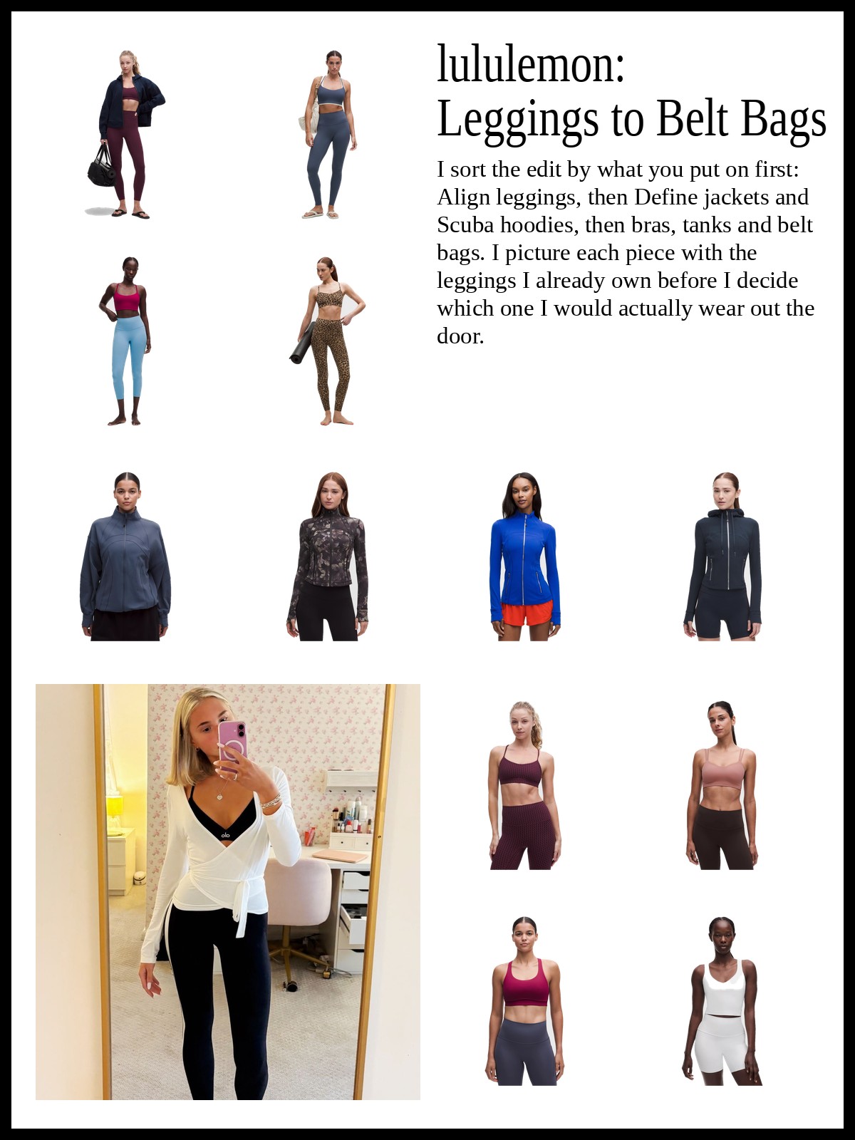 Collage of high-rise Nulu leggings and crops, fitted jackets and fleece hoodies, and sports bras, tanks and belt bags, and a mood photo of a mirror selfie in a white wrap top and black leggings