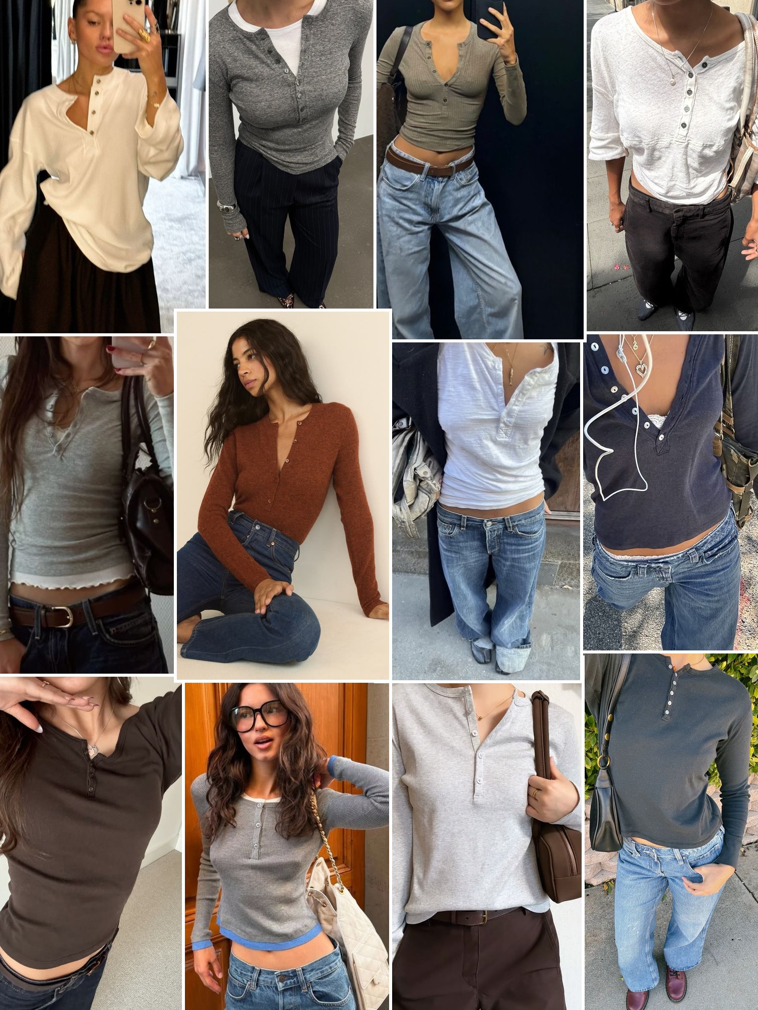 Collage of everyday outfits built around henley shirt