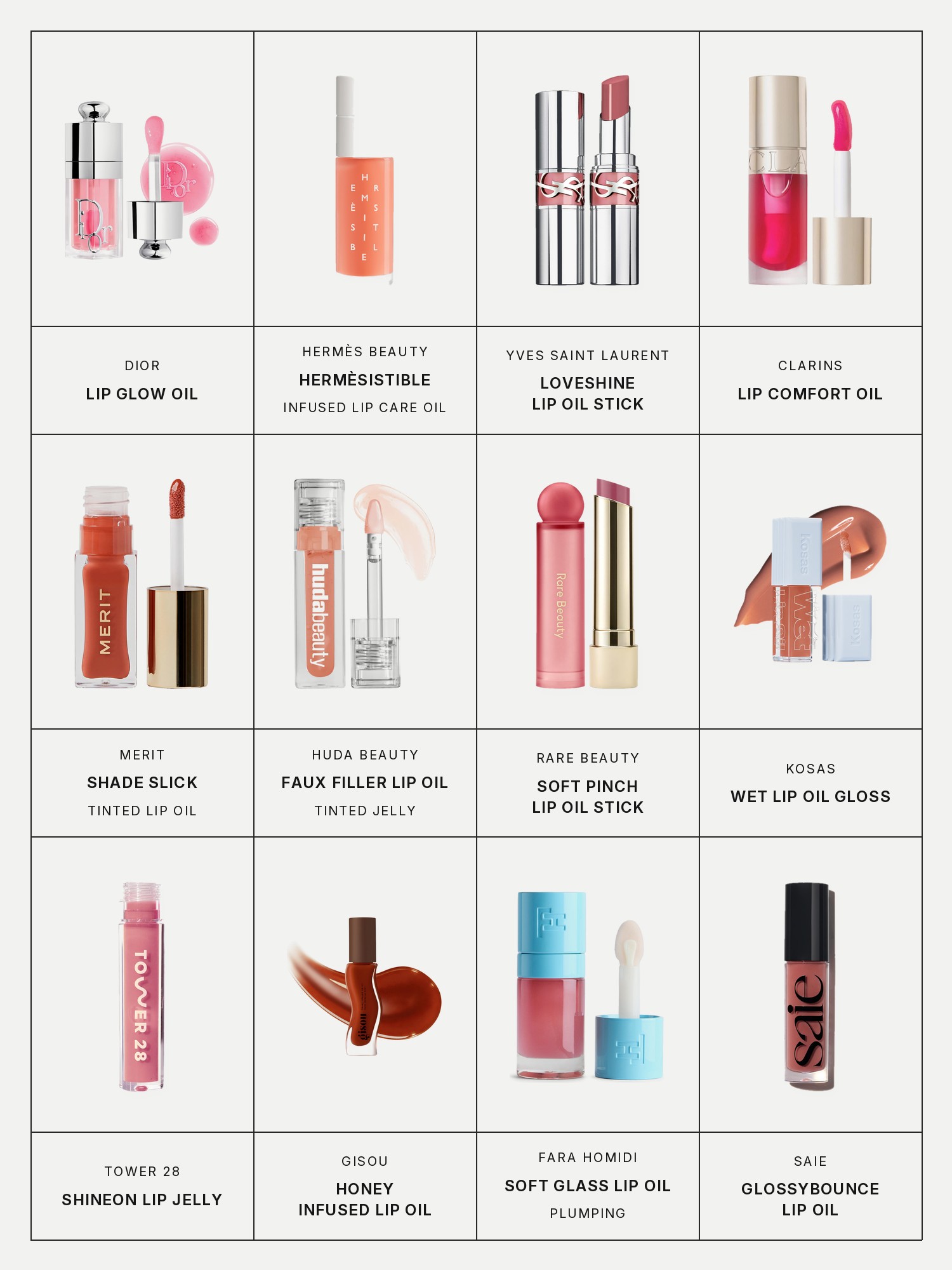 Twelve boxes on a pale grey page, one for each product in this edit, each with its brand and name printed below: Dior Lip Glow Oil, Hermès Beauty Hermèsistible, Yves Saint Laurent Loveshine Lip Oil Stick, Clarins Lip Comfort Oil, Merit Shade Slick, Huda Beauty Faux Filler Lip Oil, Rare Beauty Soft Pinch Lip Oil Stick, Kosas Wet Lip Oil Gloss, Tower 28 ShineOn Lip Jelly, Gisou Honey Infused Lip Oil, Fara Homidi Soft Glass Lip Oil and Saie Glossybounce Lip Oil.