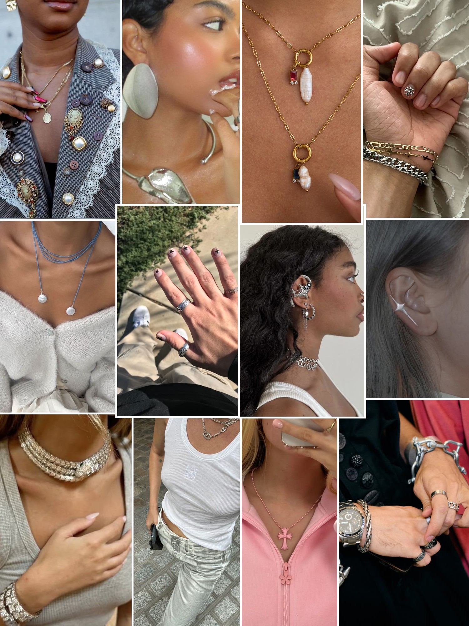 Collage of silver jewelry details including rings, cuffs, earrings and layered necklaces styled close up