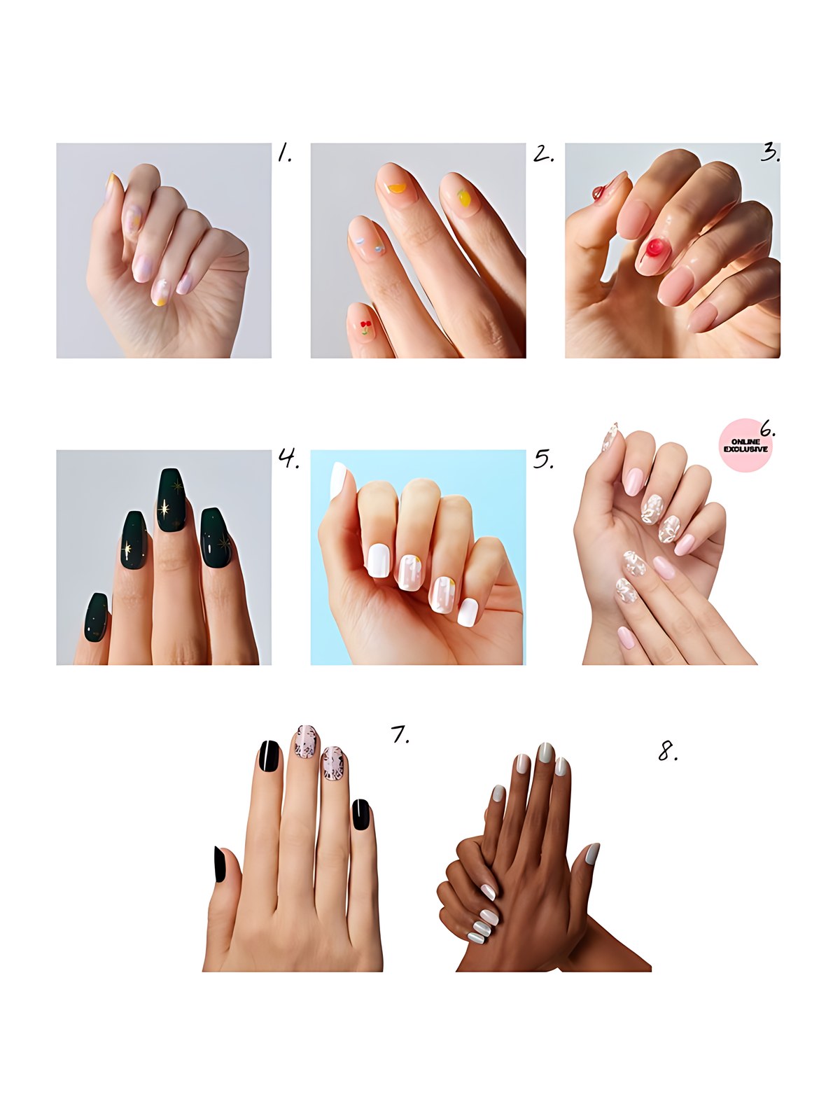 Numbered collage: 1. ohora N Daisy Disco; 2. ohora N Fruit Party; 3. ohora N Cherry Candy; 4. ohora N Wishing Star; 5. Dashing Diva Daisy Dukes; 6. Dashing Diva Flower Bomb; 7. Dashing Diva Twilight Garden; 8. Dashing Diva Emerald Marble