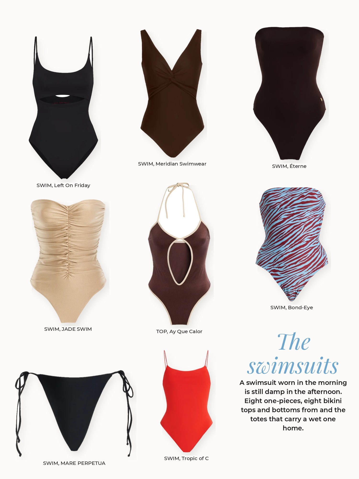 Swimsuits collage: Ay Que Calor, Bond-Eye, JADE SWIM, Left On Friday, MARE PERPETUA, Meridian Swimwear, Tropic of C, Éterne